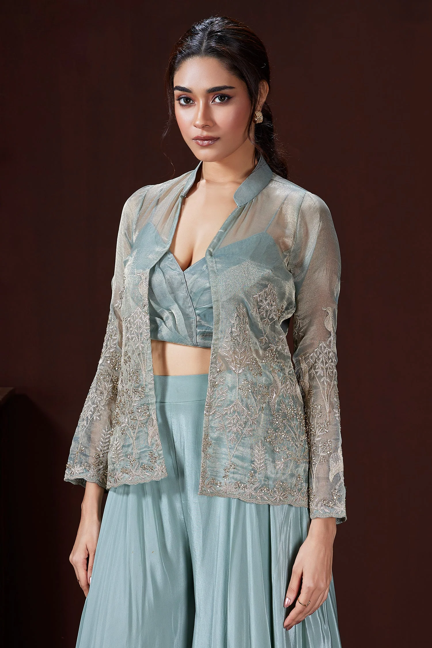 Light Blue Tissue Silk Crop Top Palazzo Set with Embroidered Jacket - Image 3