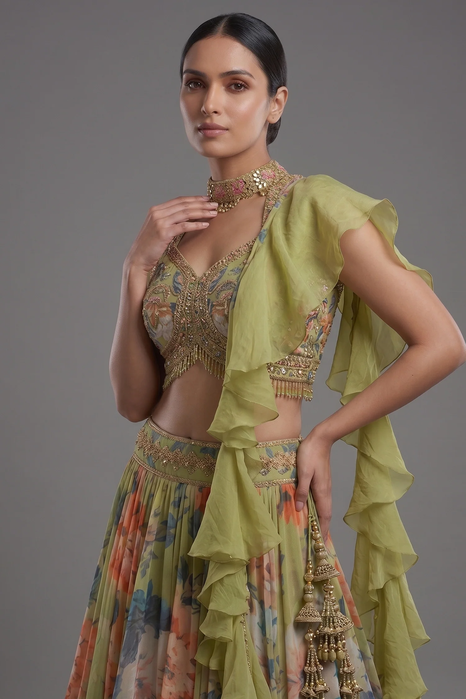 Light Green Organza Digital Floral Printed Lehenga - Image 2