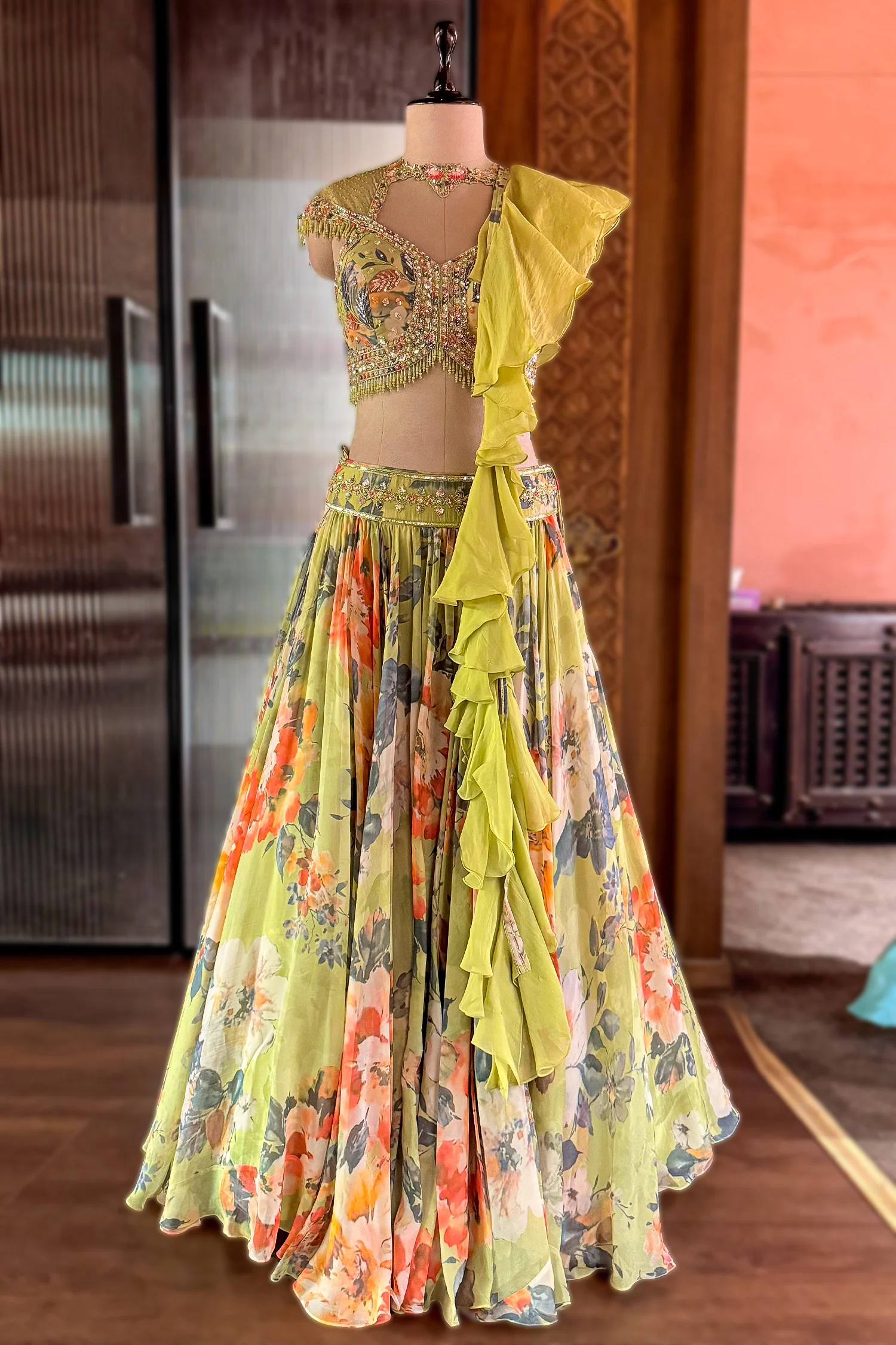 Light Green Organza Digital Floral Printed Lehenga - Image 3
