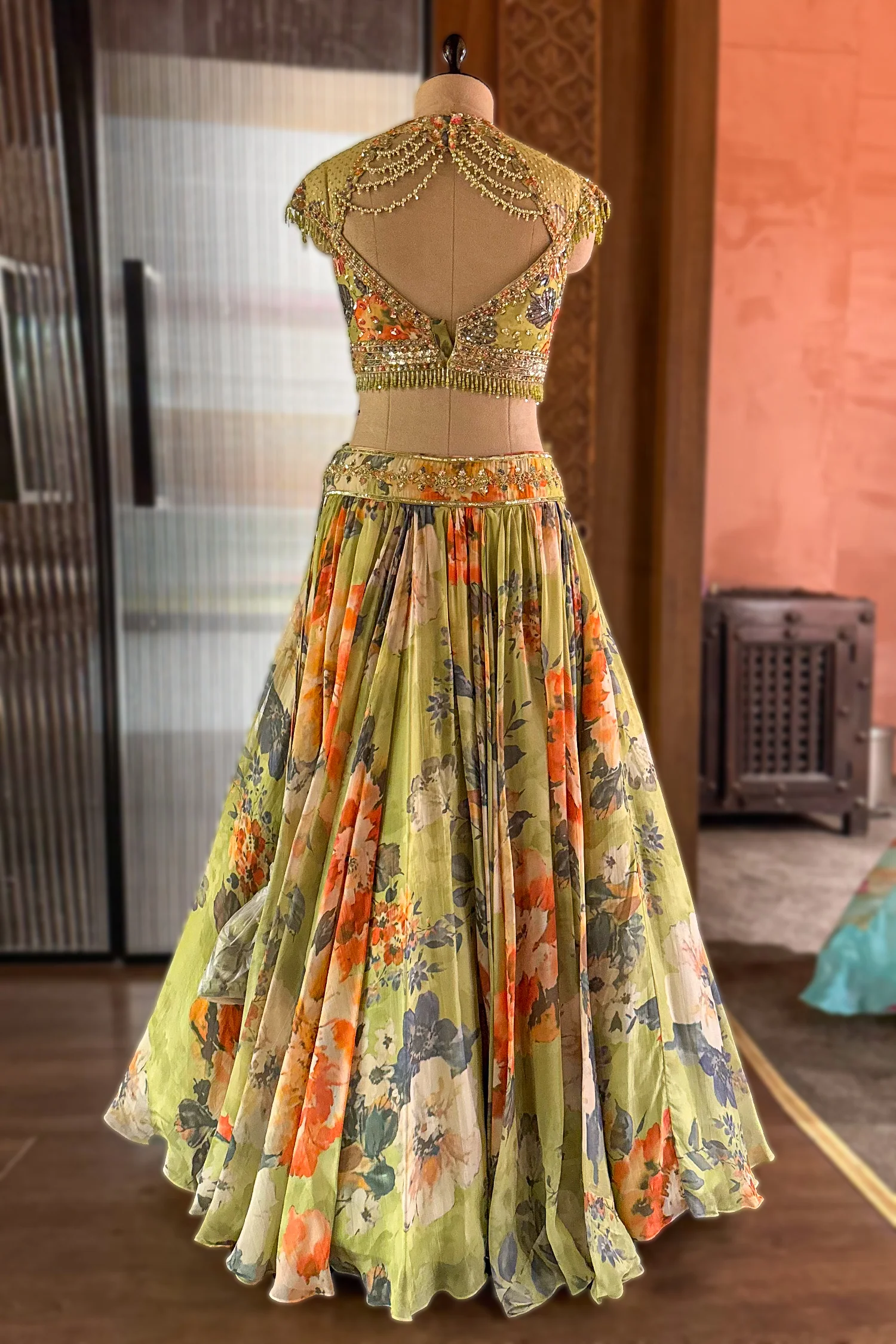 Light Green Organza Digital Floral Printed Lehenga - Image 5