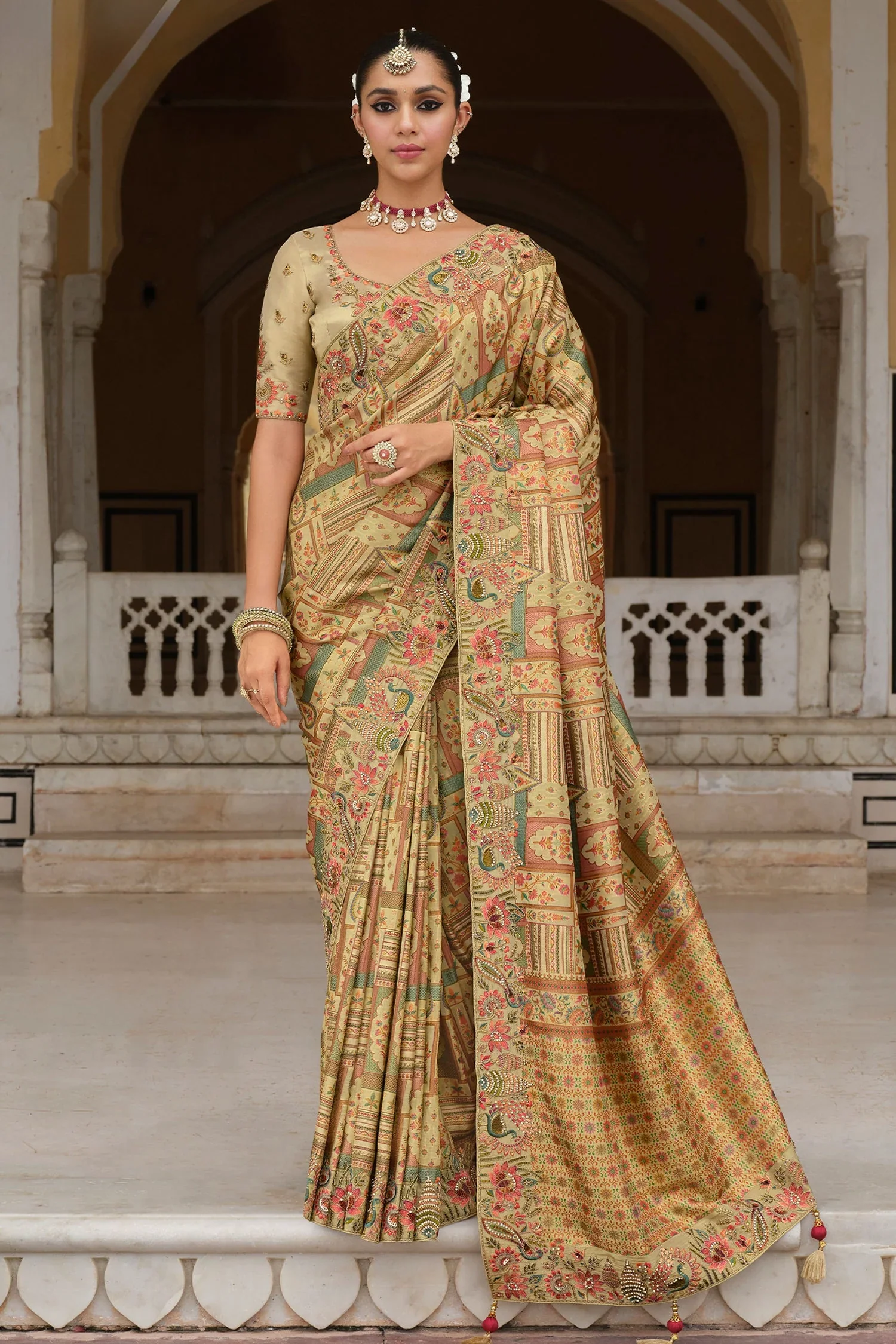 Light Green Silk Woven Saree with Embroidery - Image 3
