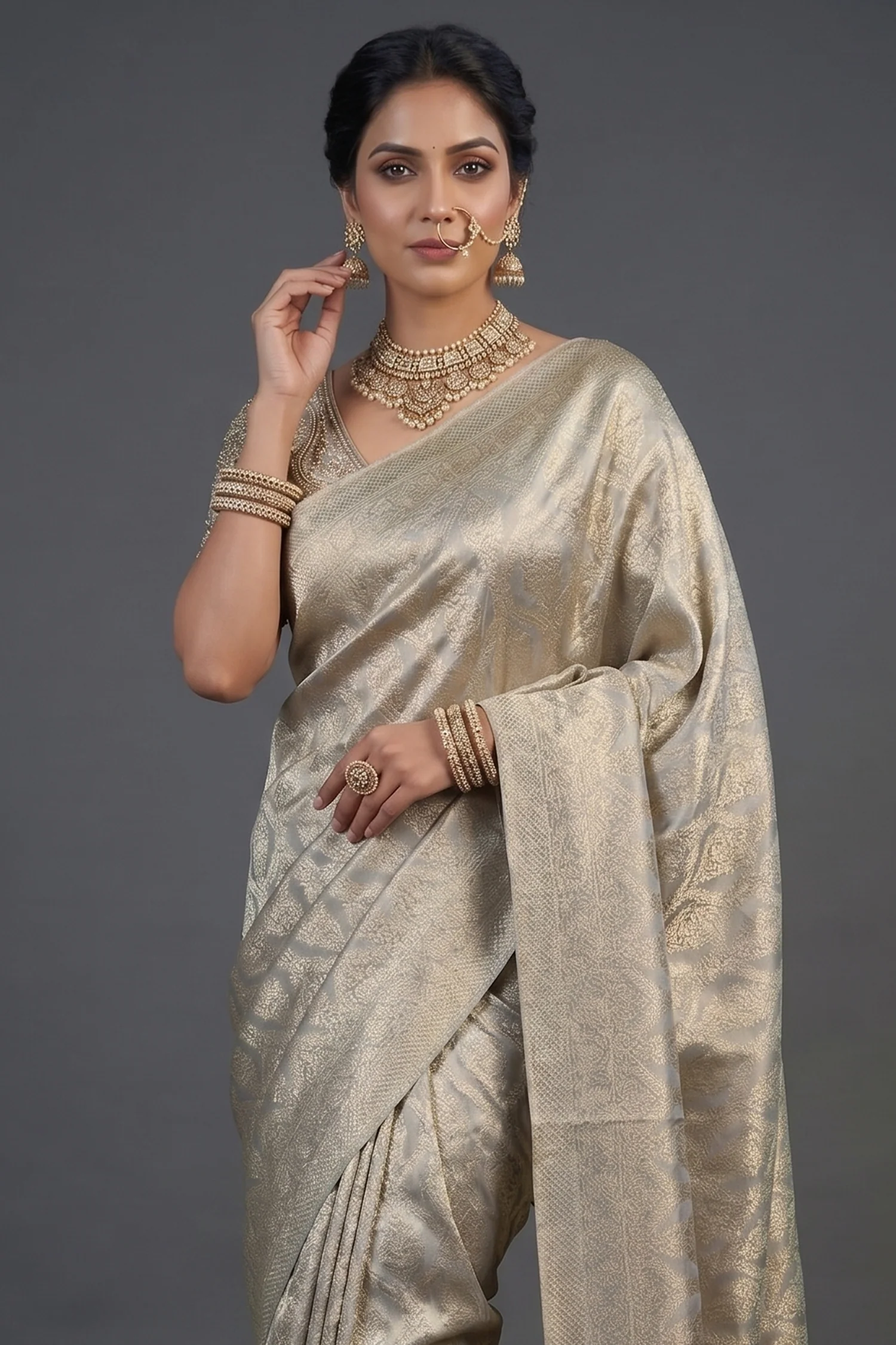 Light Grey and Golden Two Toned Moroccan Design Woven Saree with Designer Readymade Blouse - Image 2