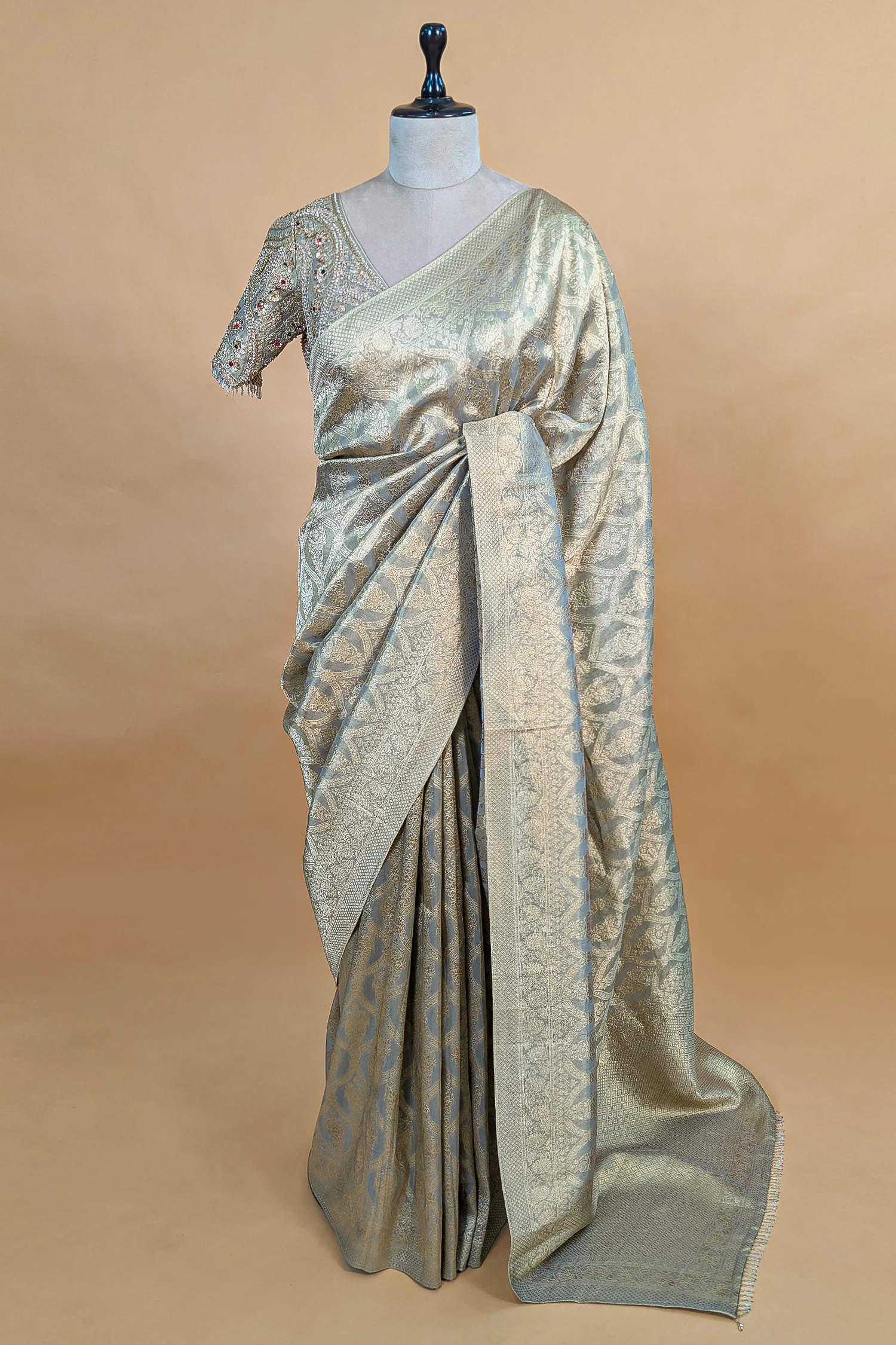 Light Grey and Golden Two Toned Moroccan Design Woven Saree with Designer Readymade Blouse - Image 3