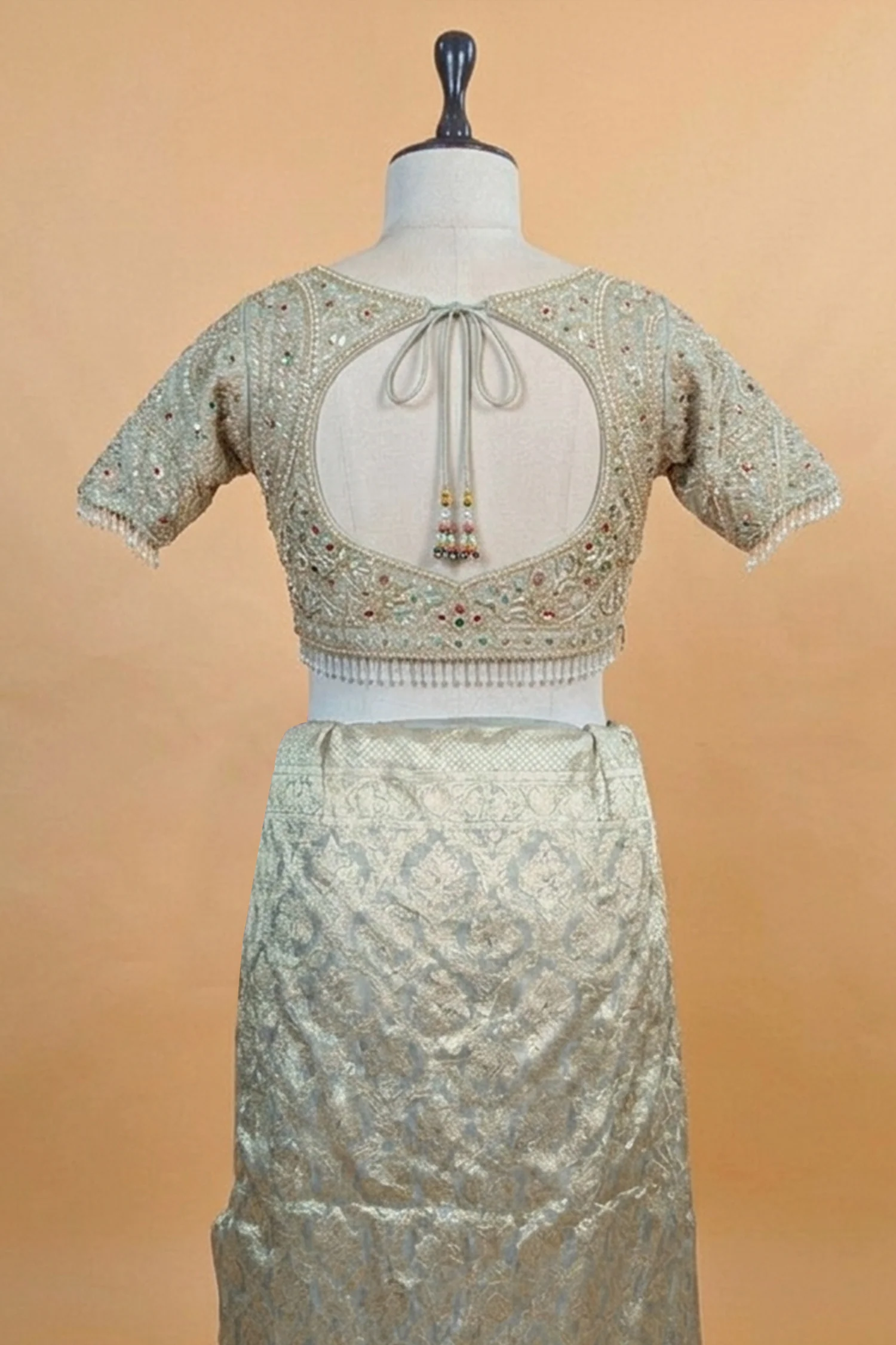 Light Grey and Golden Two Toned Moroccan Design Woven Saree with Designer Readymade Blouse - Image 6