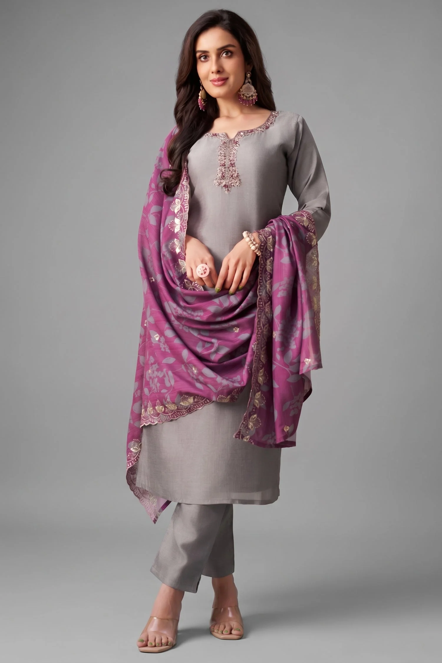 Light Grey Art Silk Straight Cut Suit