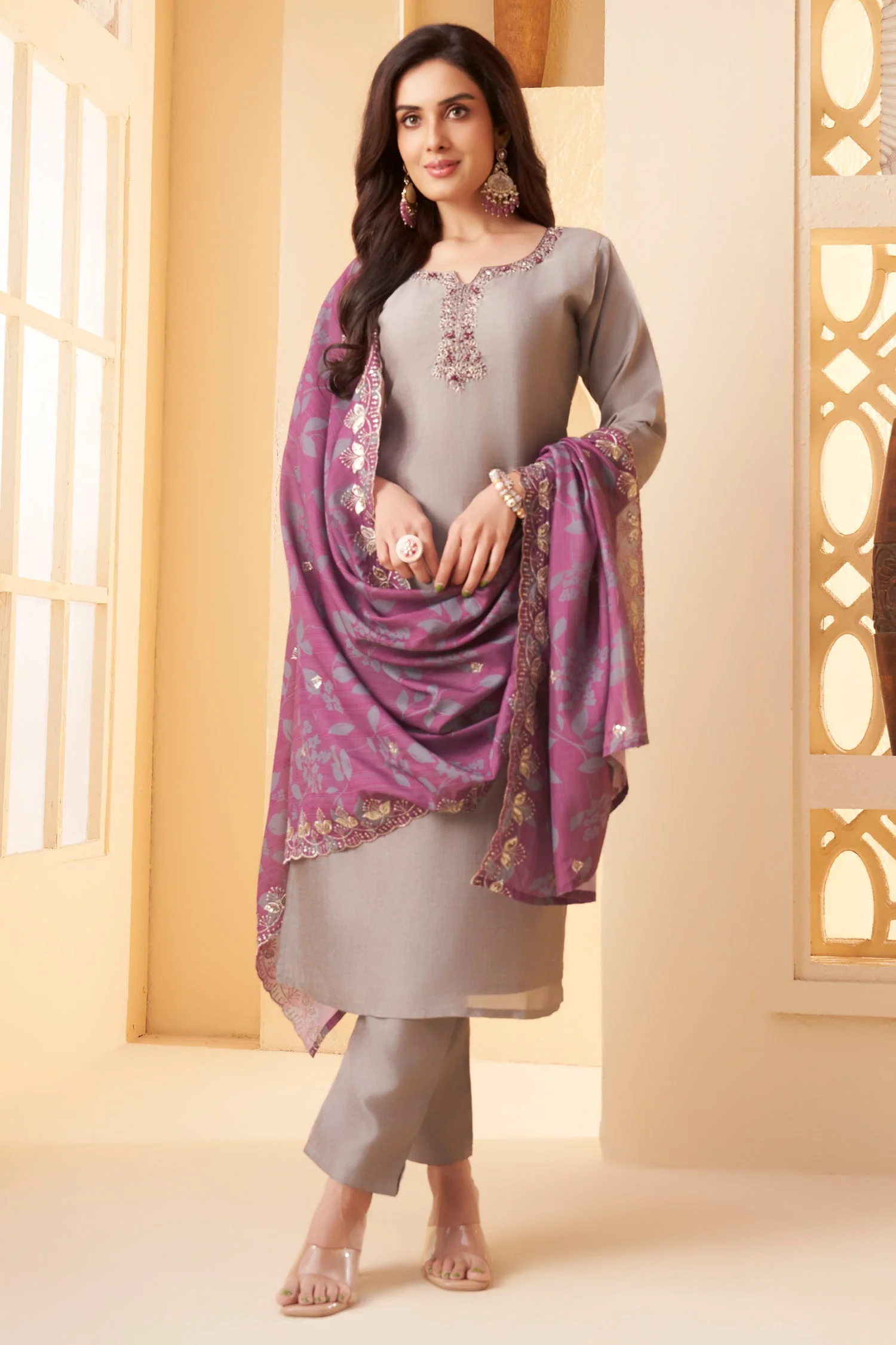 Light Grey Art Silk Straight Cut Suit - Image 3