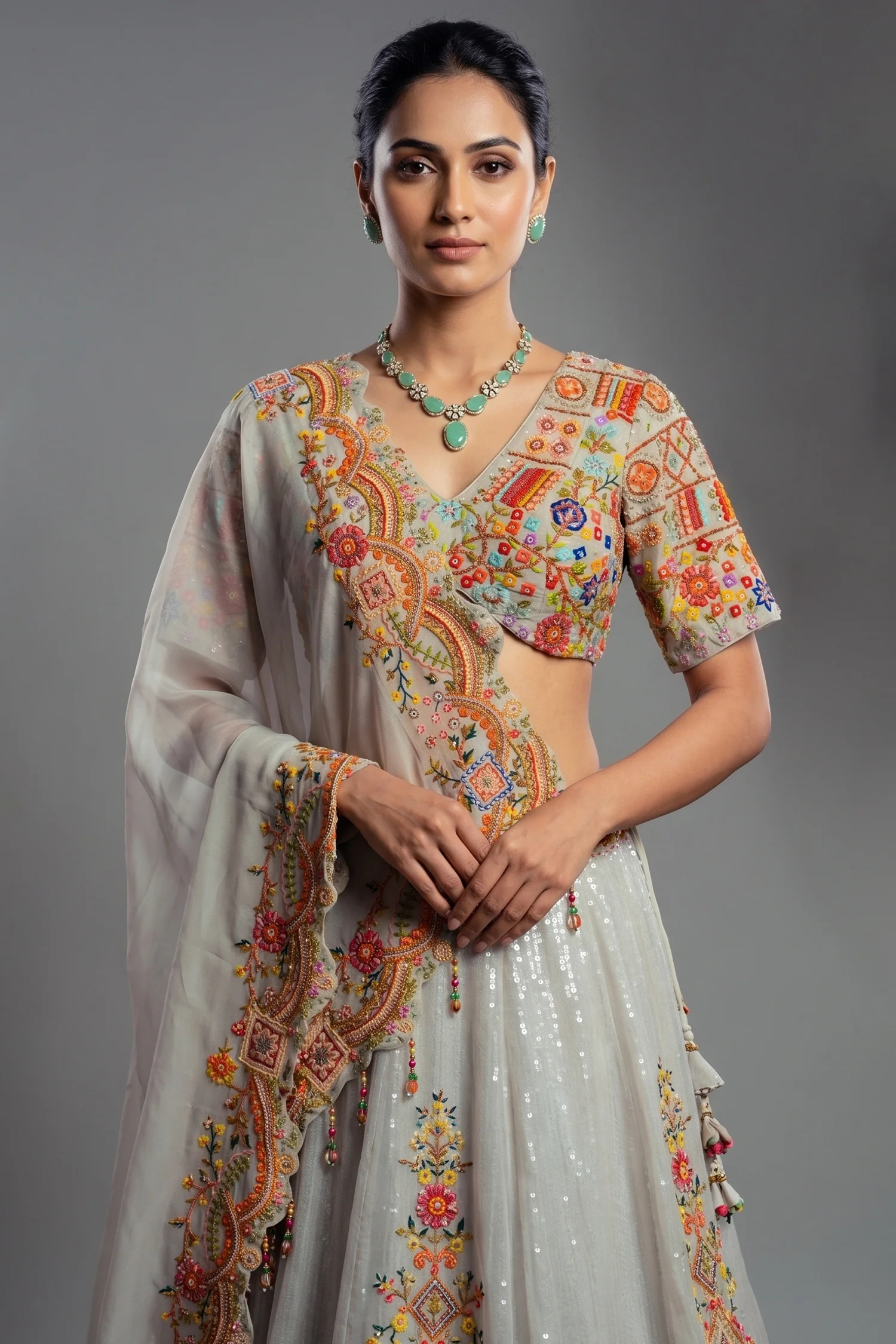 Light Grey Organza Floral Embroidered and Sequin Worked Lehenga - Image 2