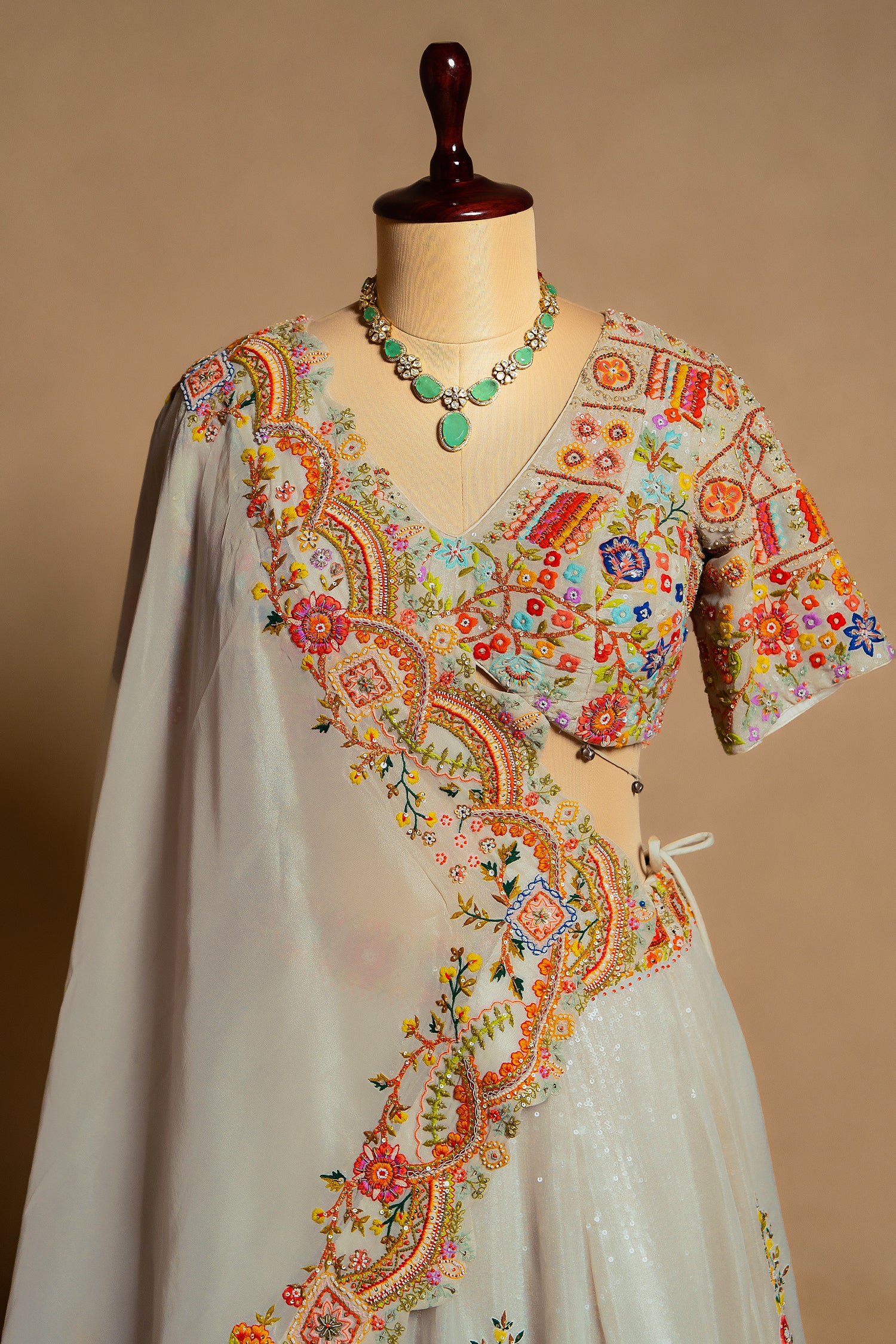 Light Grey Organza Floral Embroidered and Sequin Worked Lehenga - Image 3