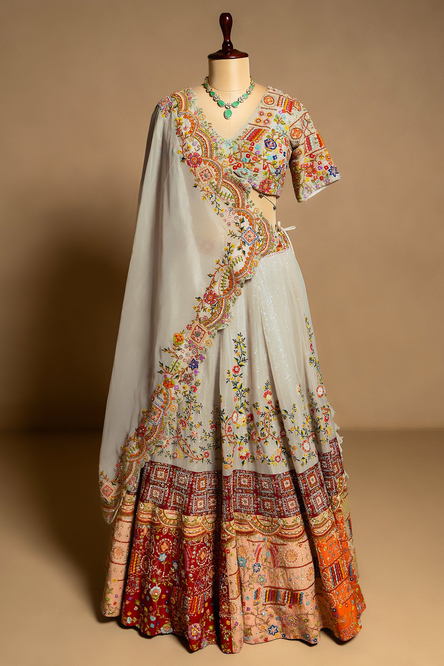 Light Grey Organza Floral Embroidered and Sequin Worked Lehenga - Image 4
