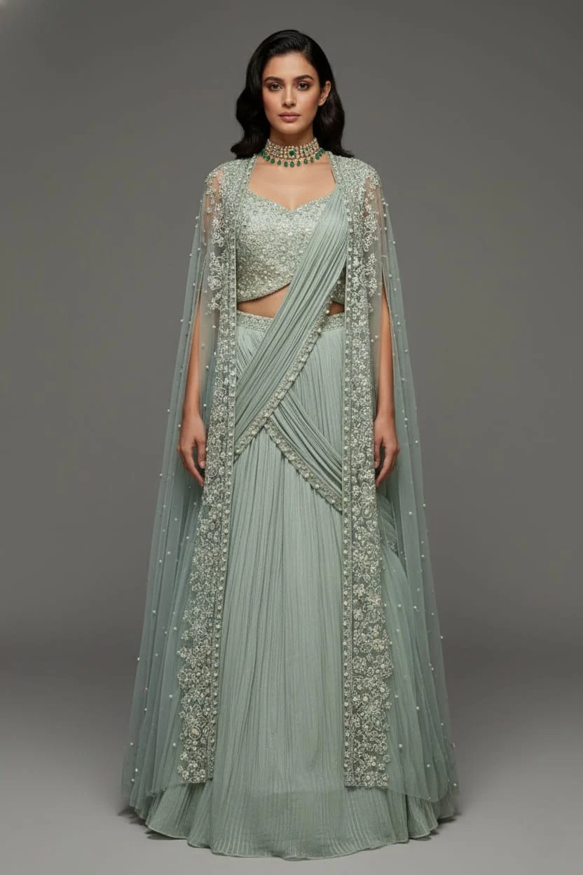 Light Mint Green Satin Embellished Crop Top Lehenga Set with Attached Dupatta and Long Shurg