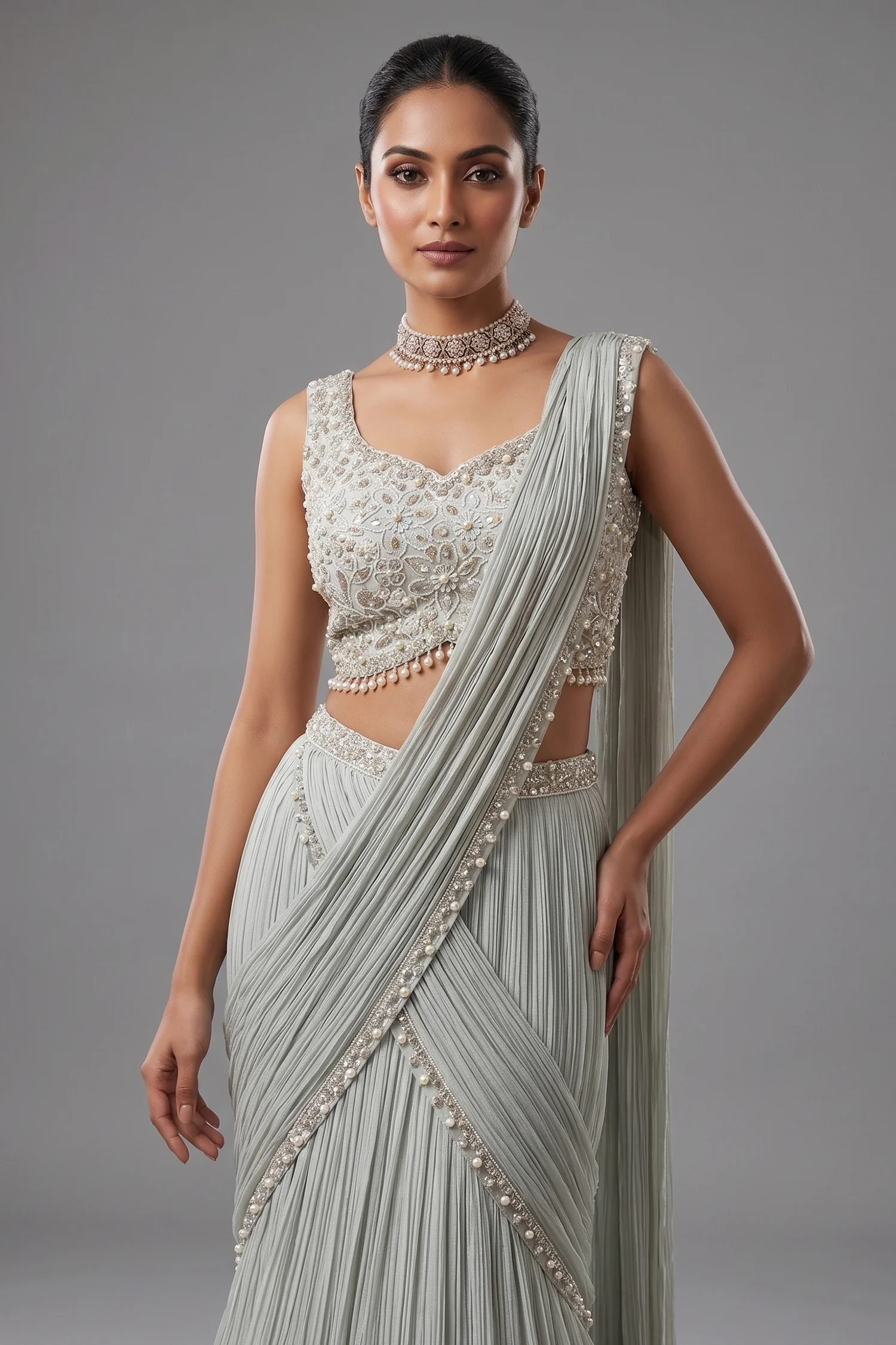 Light Mint Green Satin Embellished Crop Top Lehenga Set with Attached Dupatta and Long Shurg - Image 2