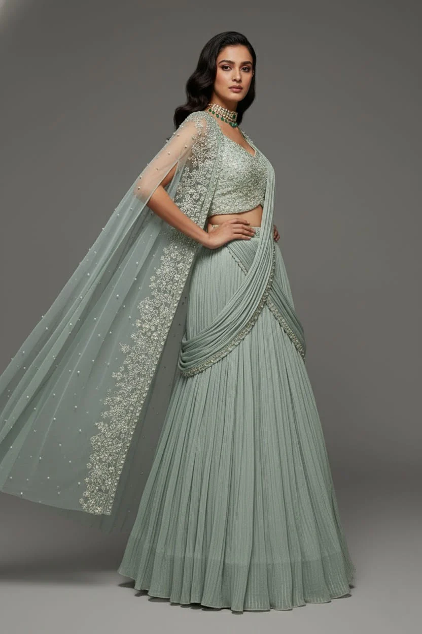 Light Mint Green Satin Embellished Crop Top Lehenga Set with Attached Dupatta and Long Shurg - Image 3
