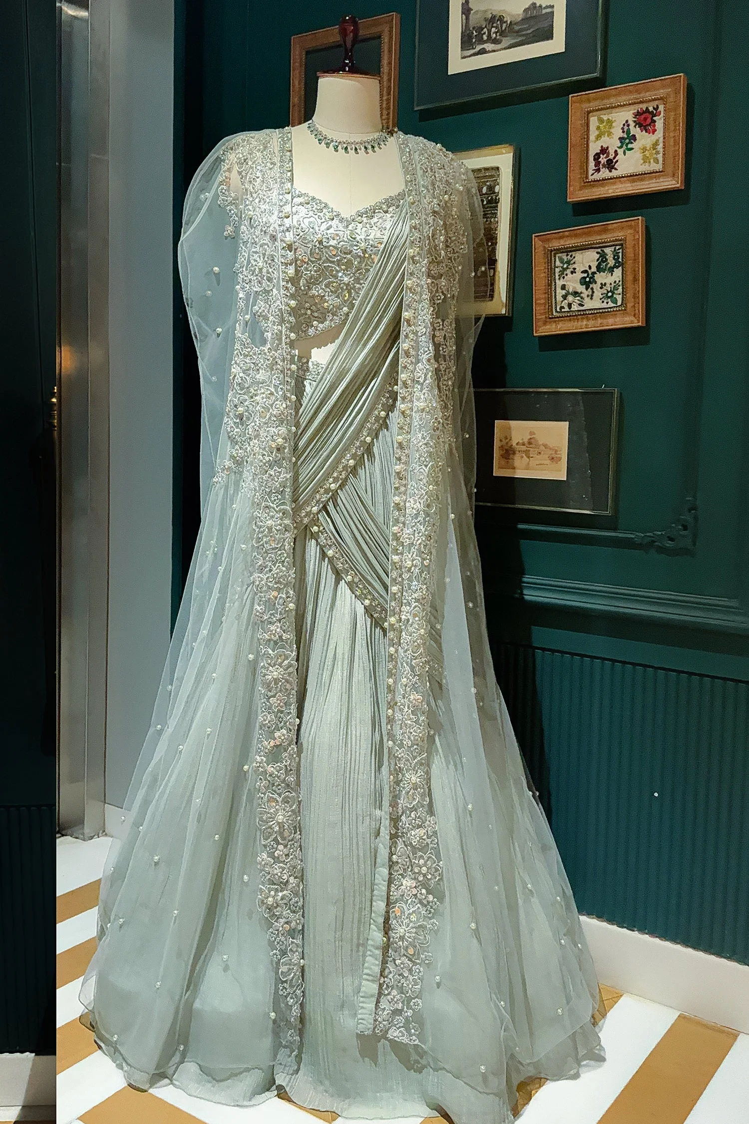 Light Mint Green Satin Embellished Crop Top Lehenga Set with Attached Dupatta and Long Shurg - Image 4
