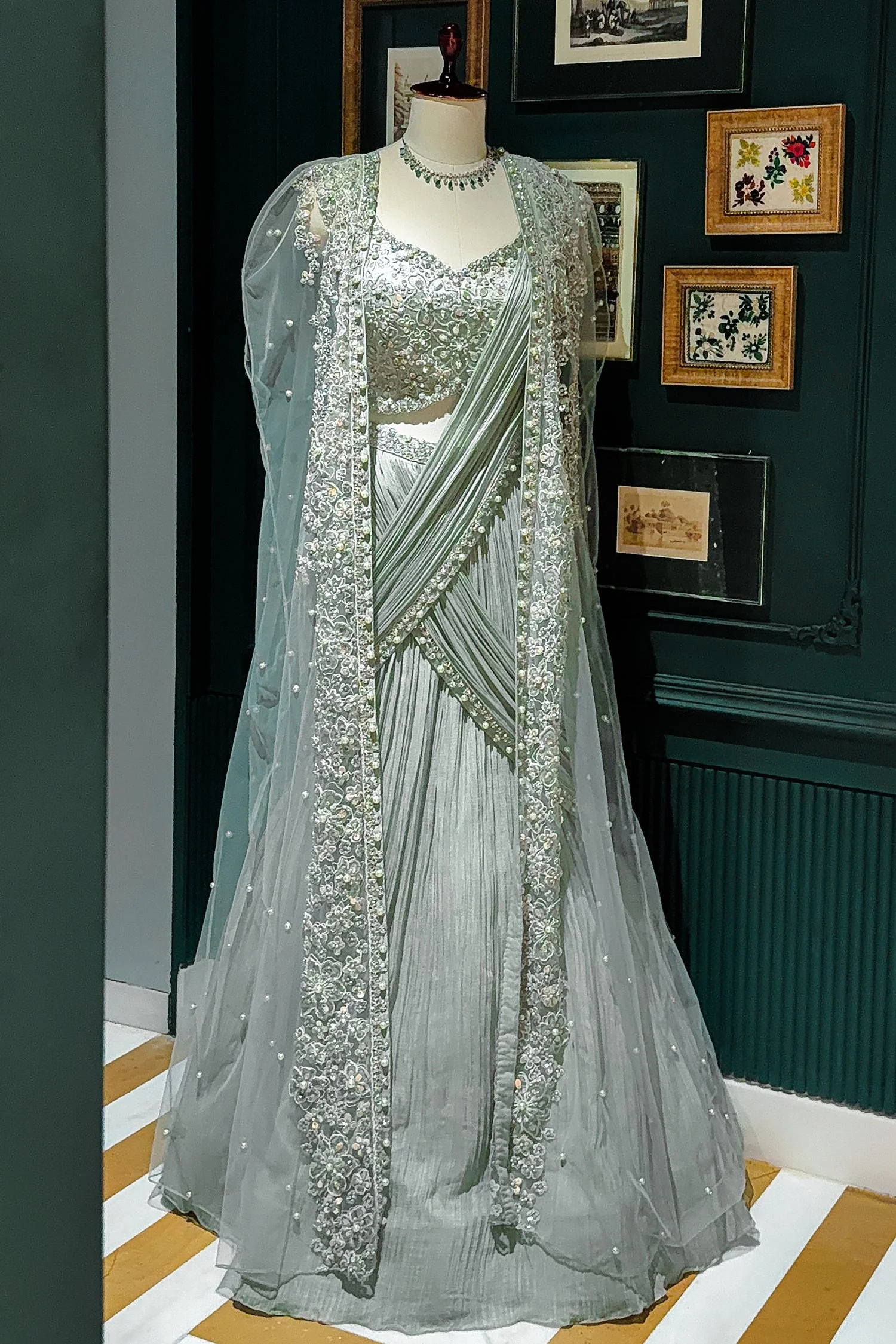 Light Mint Green Satin Embellished Crop Top Lehenga Set with Attached Dupatta and Long Shurg - Image 5