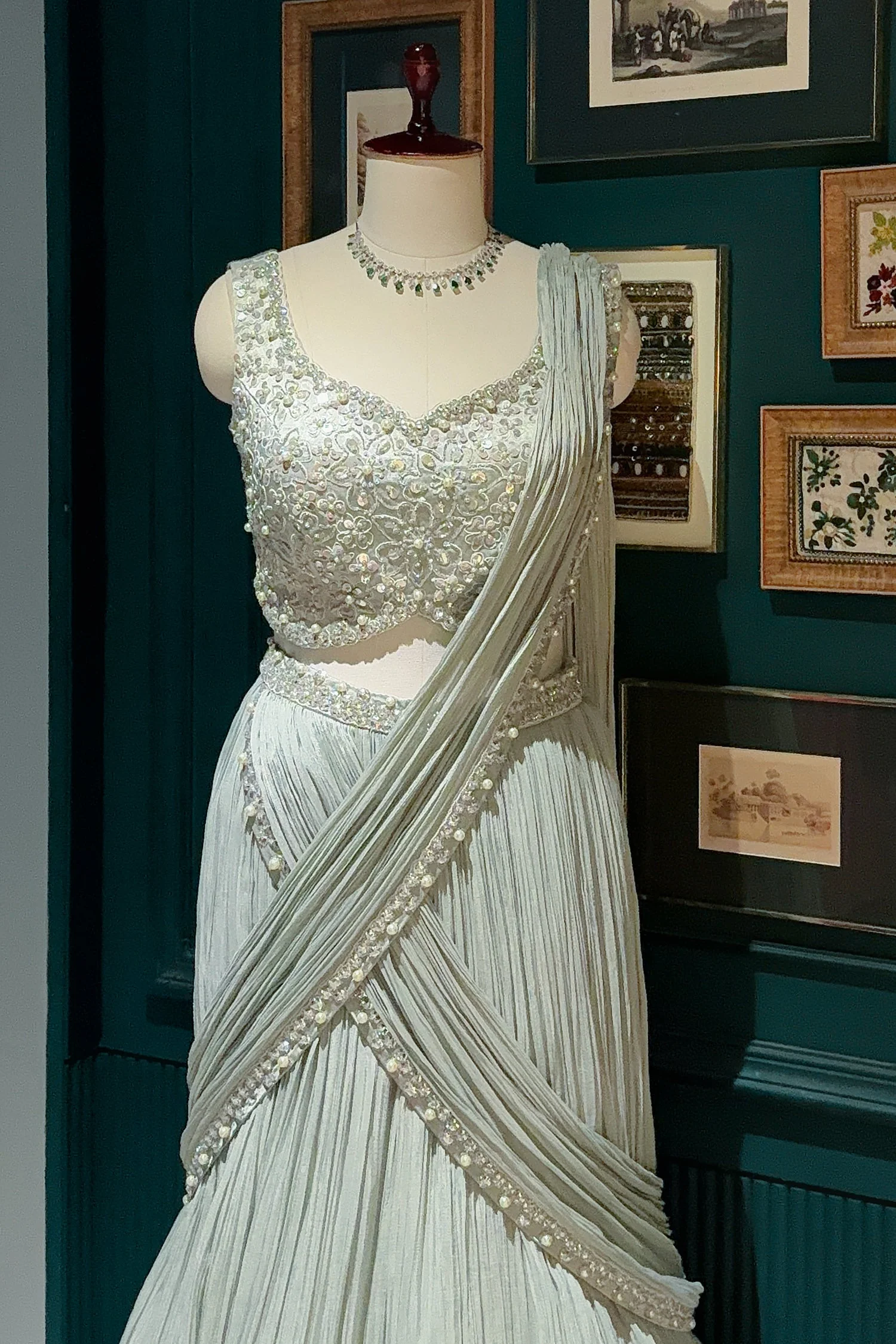 Light Mint Green Satin Embellished Crop Top Lehenga Set with Attached Dupatta and Long Shurg - Image 6