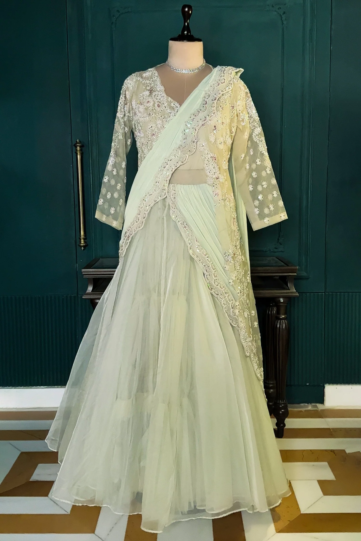 Light Mint Green Suit with Attached Dupatta and Long Top - Image 2