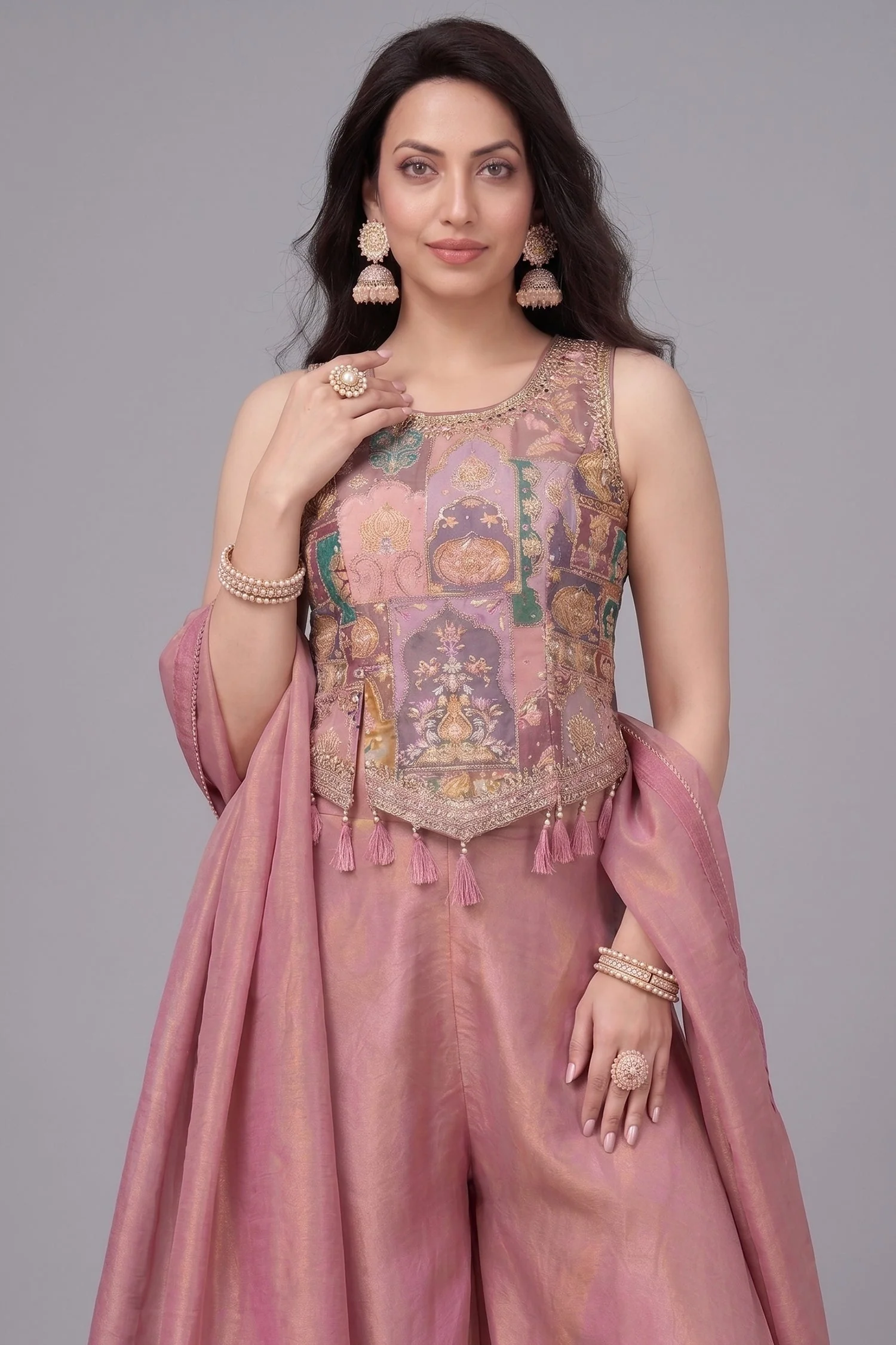 Light Onion Pink Crepe Silk Printed Top and Palazzo Set - Image 2