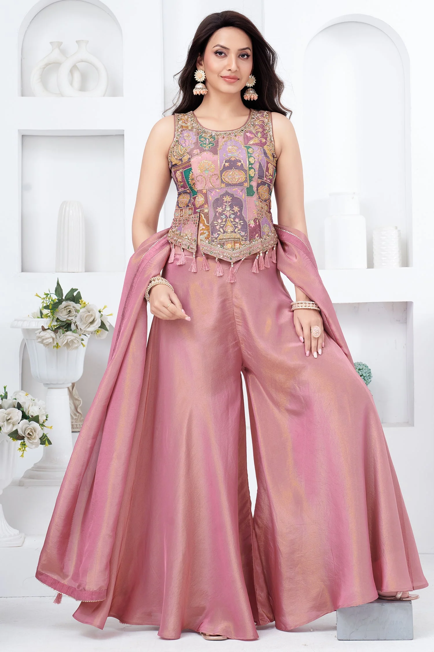 Light Onion Pink Crepe Silk Printed Top and Palazzo Set - Image 3