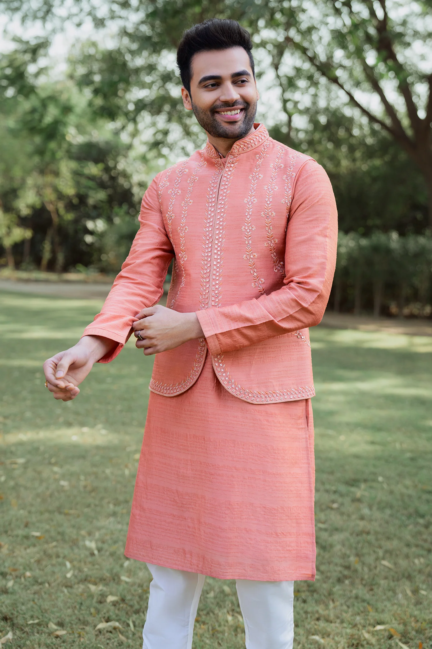 Light Orange Raw Silk Kurta Pajama with Mirror Work Jacket - Image 2