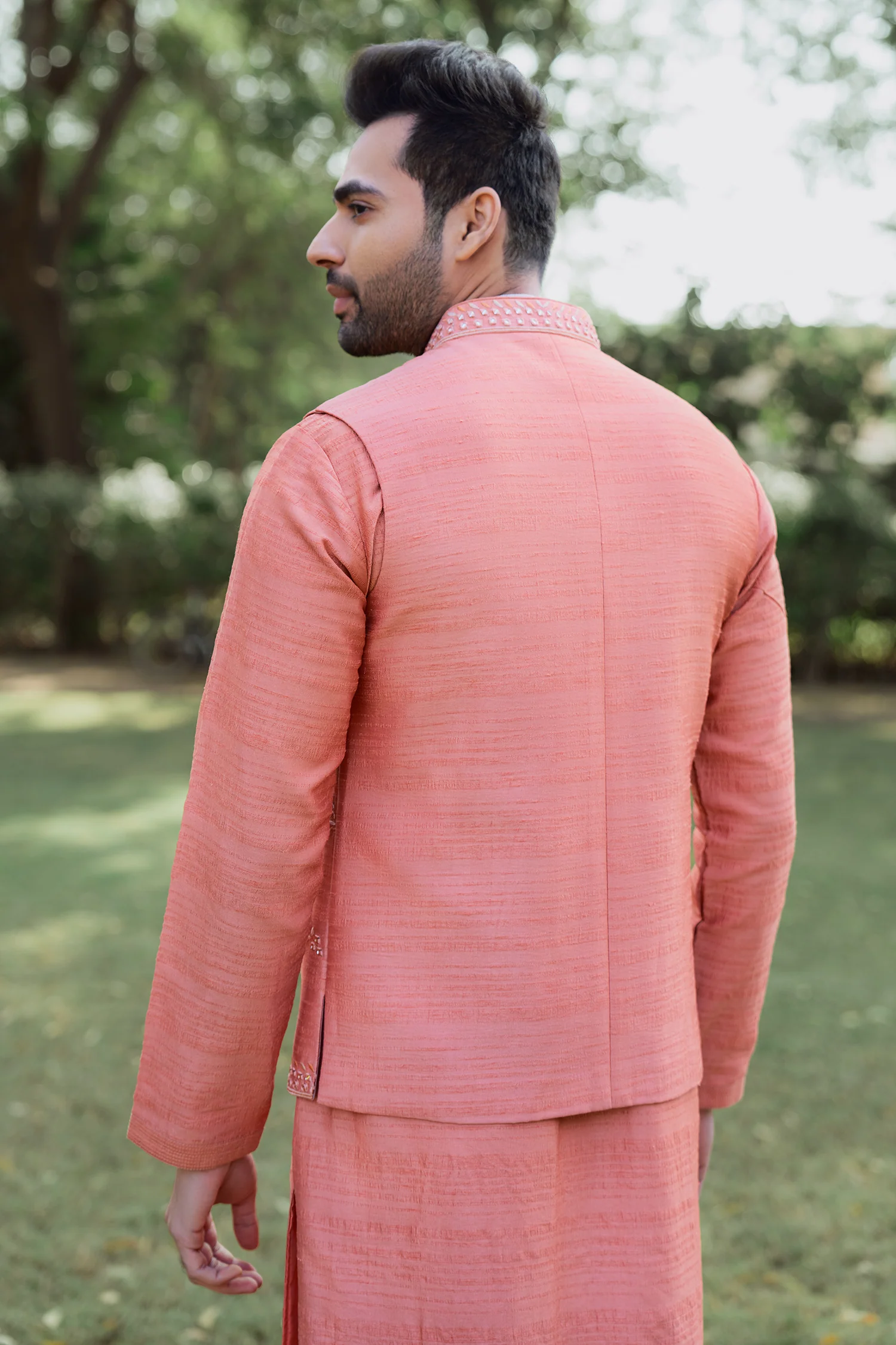 Light Orange Raw Silk Kurta Pajama with Mirror Work Jacket - Image 3