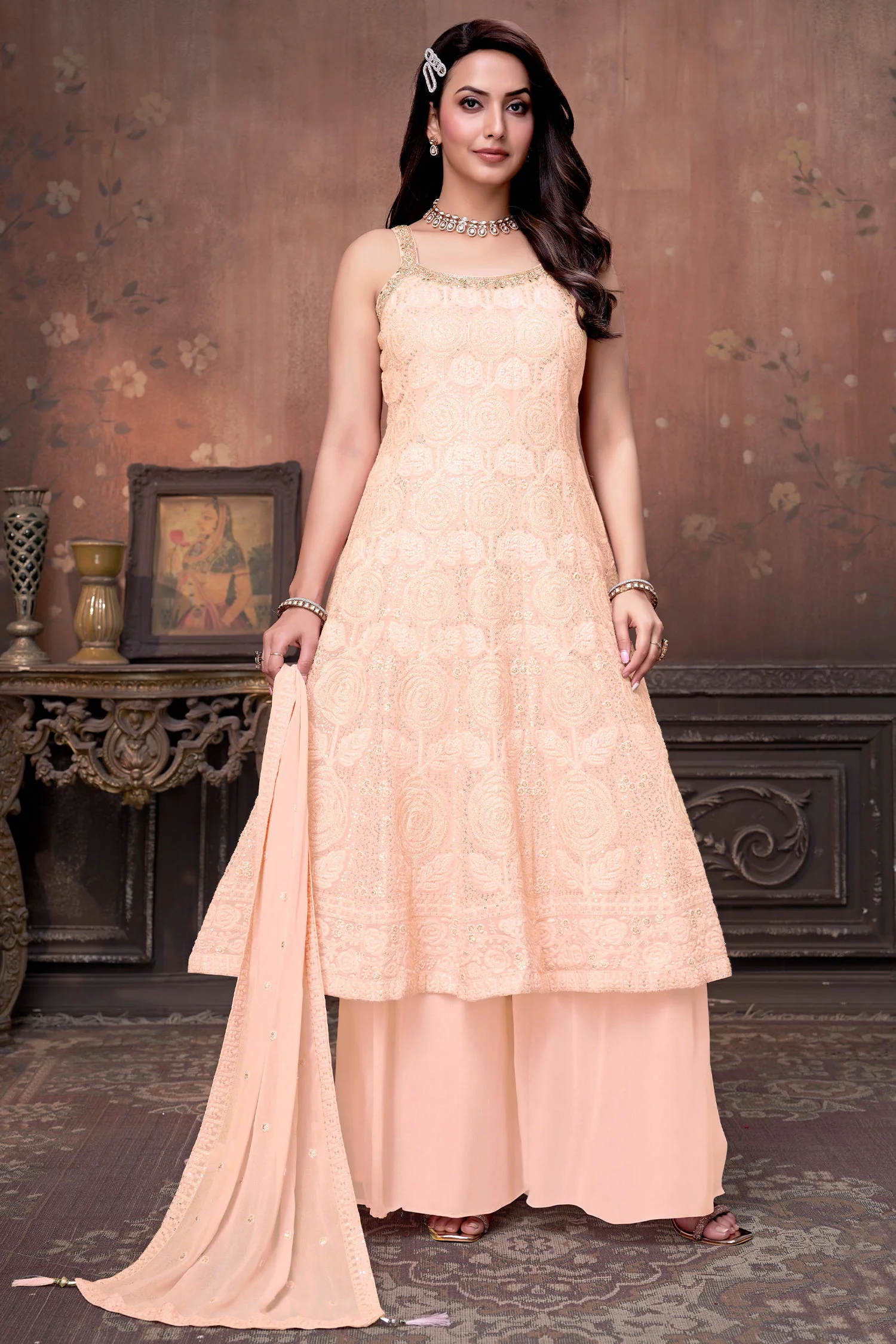 Light Peach Georgette Floral Embroidery and Sequin Worked Anarkali Suit - Image 3