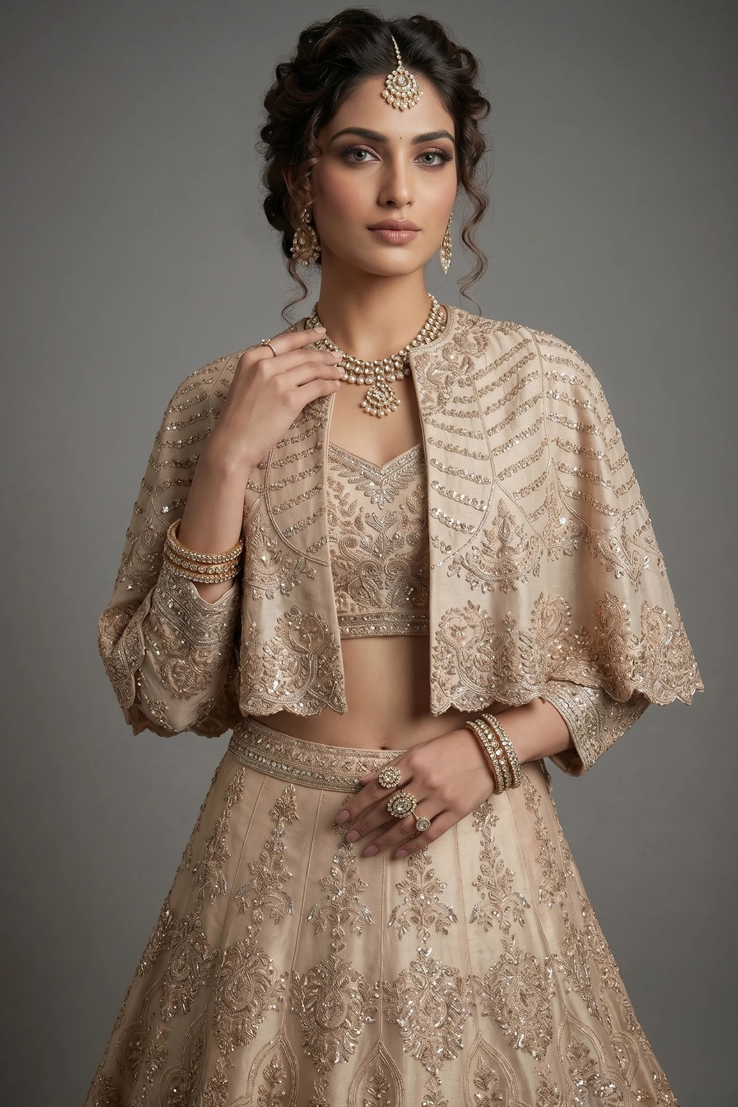 Light Peach Organza Cutdana Worked Crop Top Lehenga with Cape Jacket - Image 2