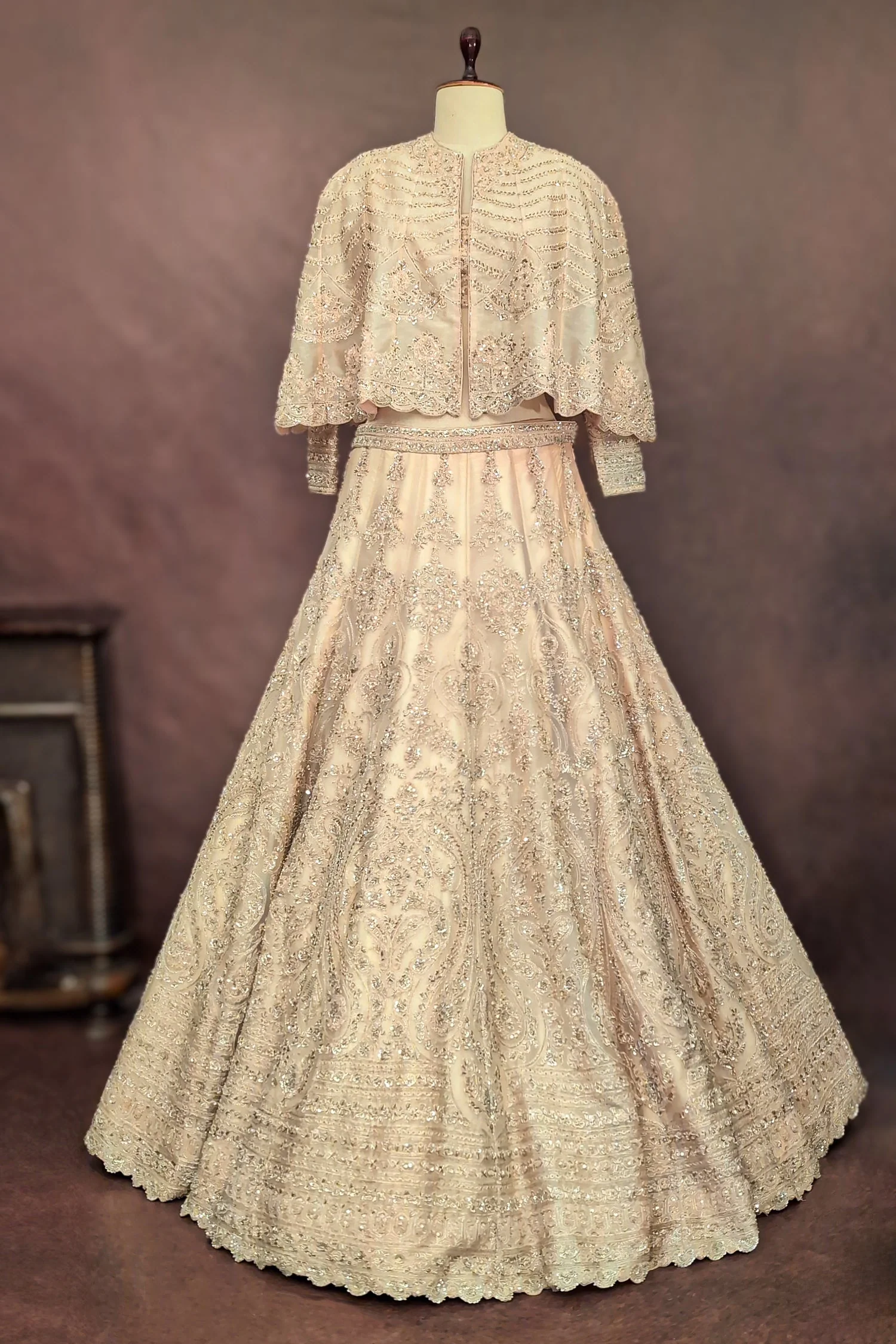 Light Peach Organza Cutdana Worked Crop Top Lehenga with Cape Jacket - Image 3