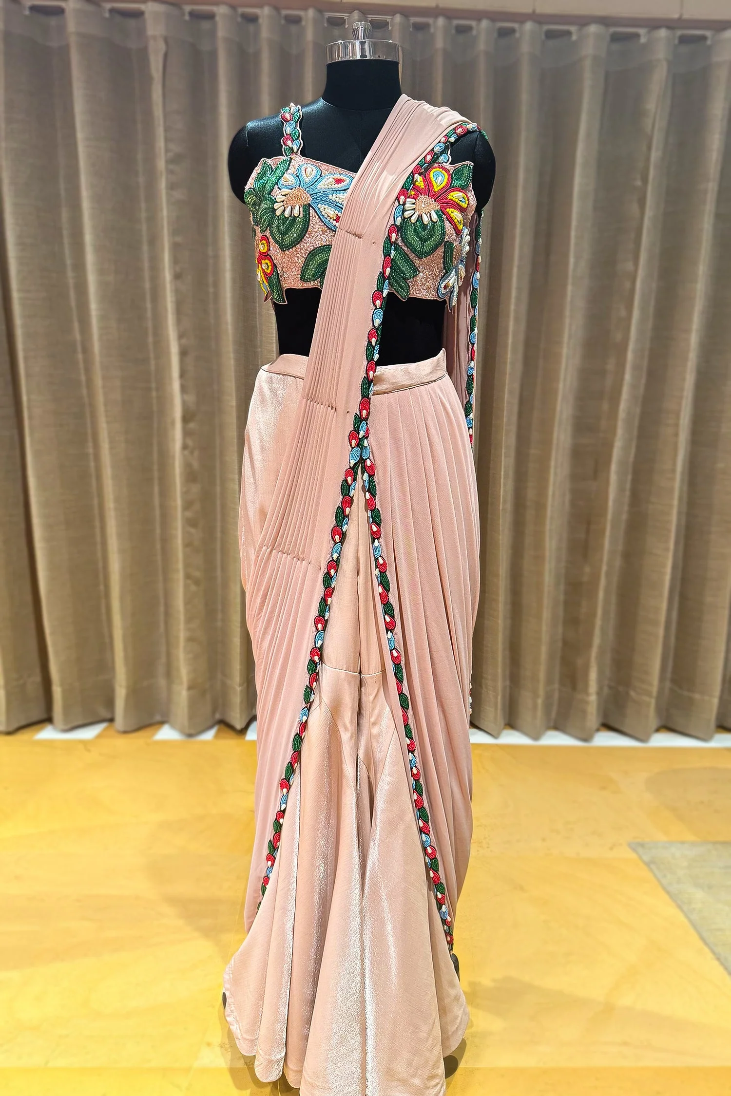Light Peach Shiny Silk Sharara Style Readymade Saree with Cutdana and Beaded Work - Image 3