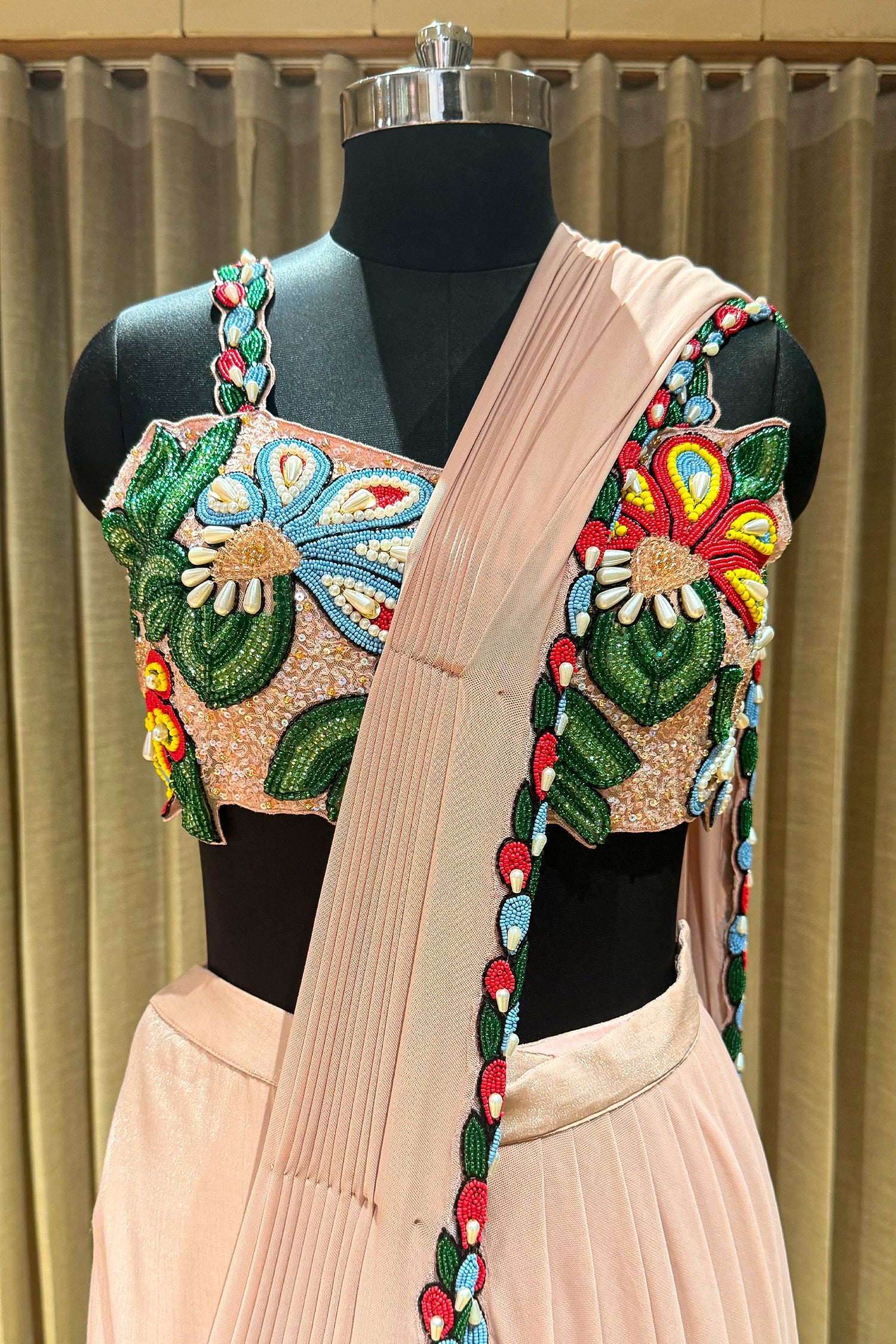 Light Peach Shiny Silk Sharara Style Readymade Saree with Cutdana and Beaded Work - Image 4