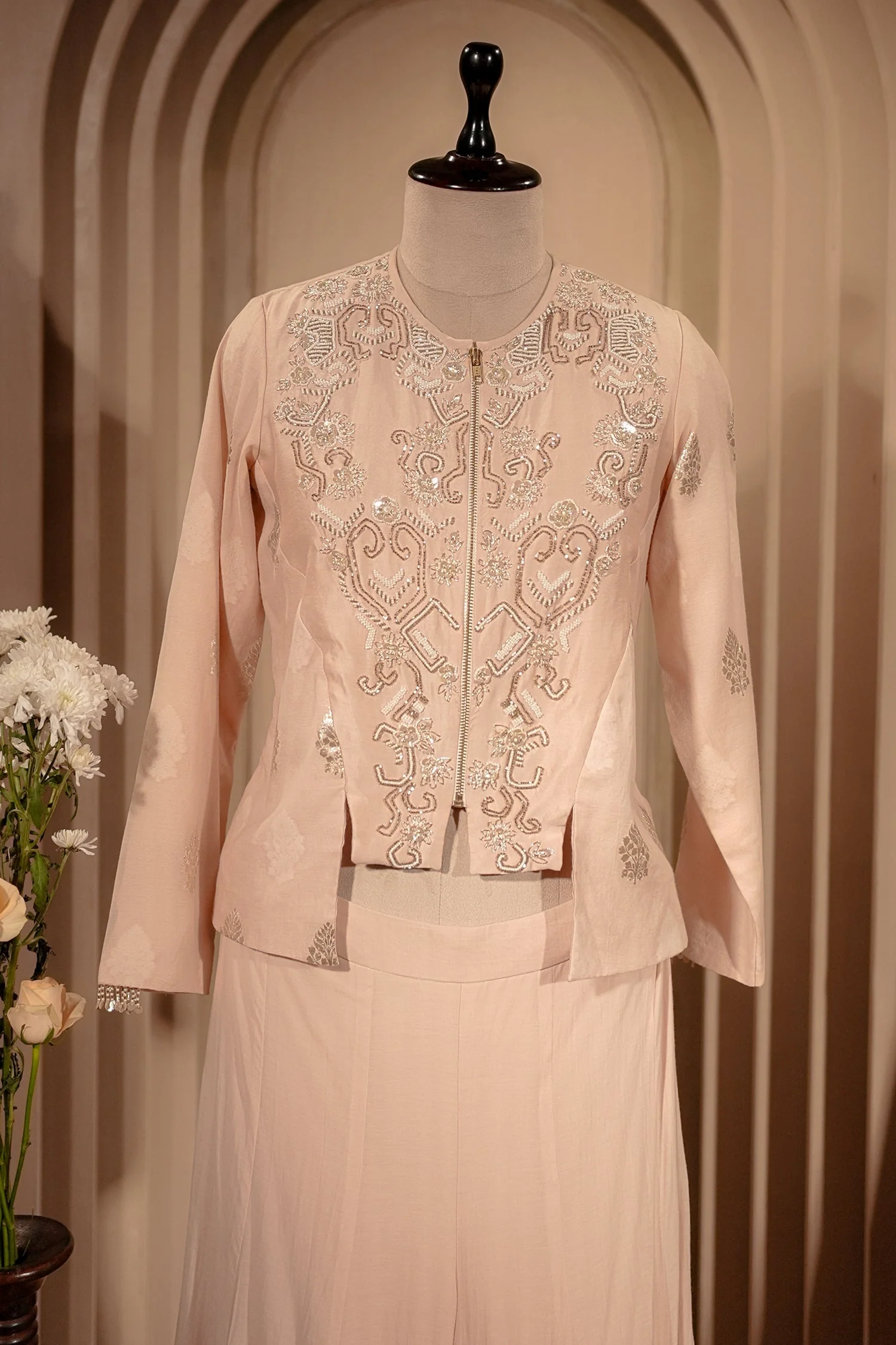 Light Peach Silk Cutdana Beaded Co-Ord Set - Image 2