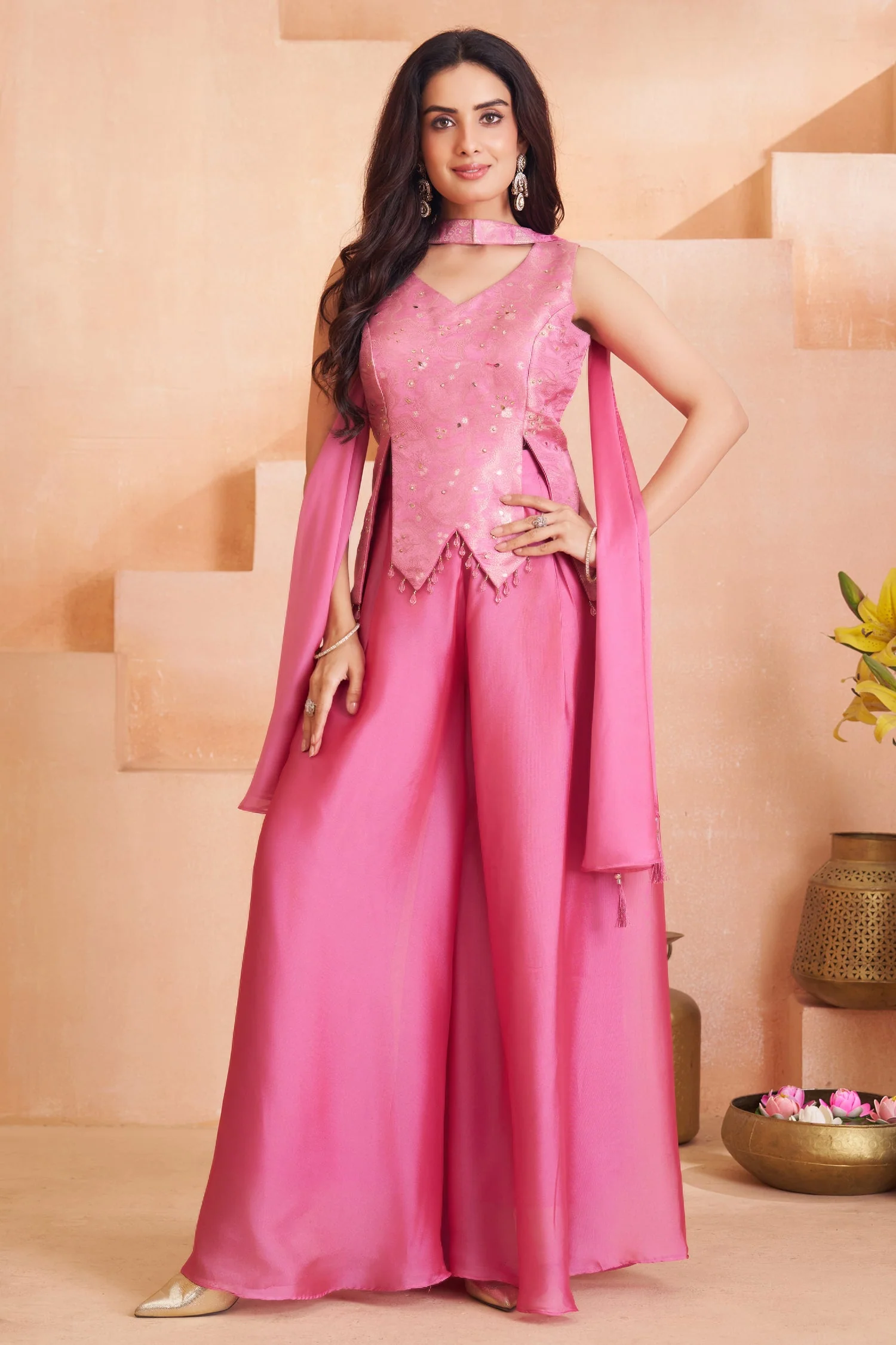 Light Pink Art Silk Asymmetrical Top and Palazzo Suit - Image 3