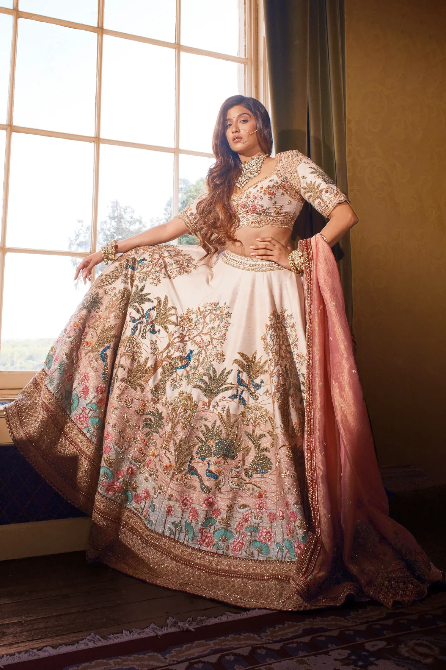 Light Pink Bridal Heavy Work Lehenga in Raw Silk with Zardosi