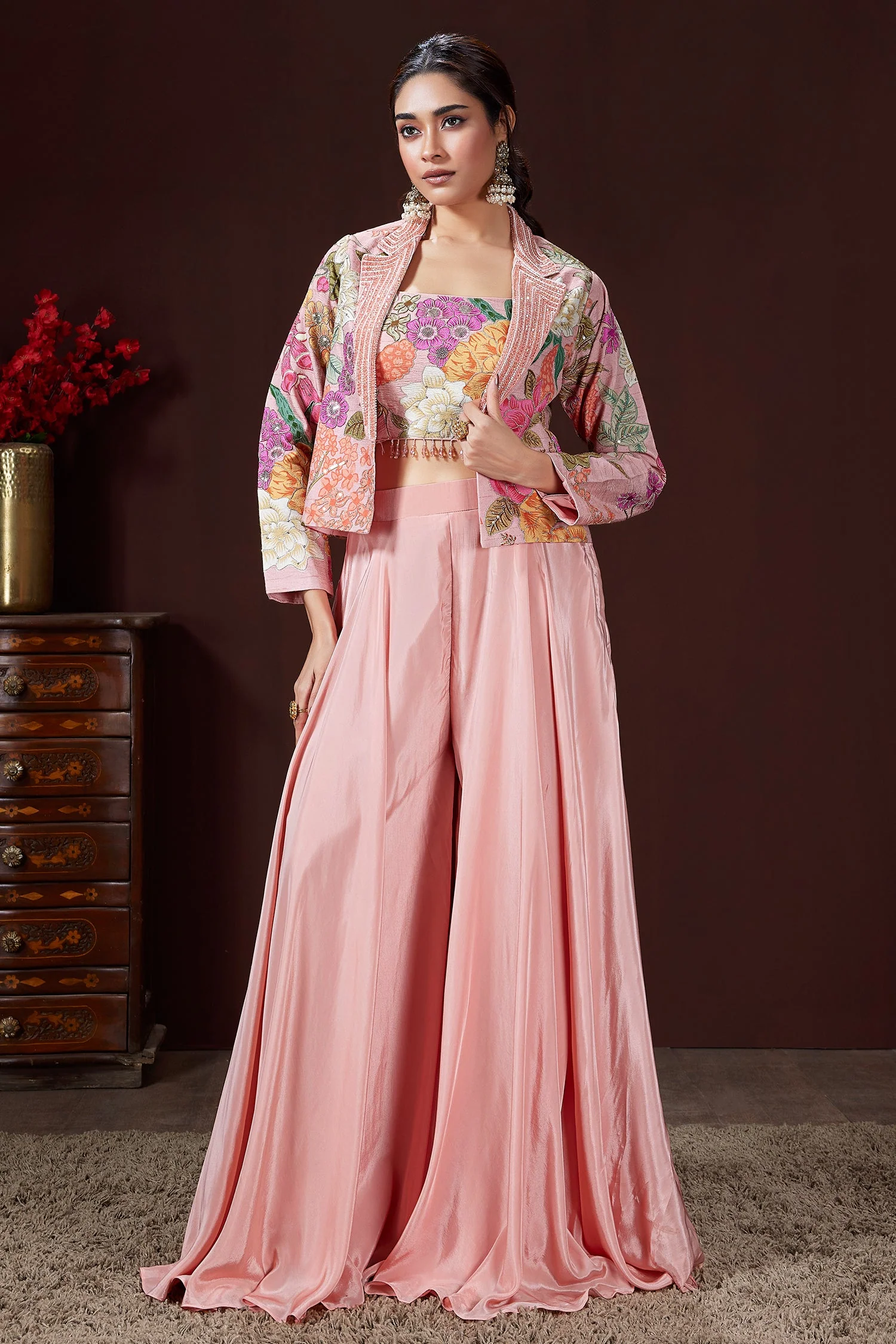 Light Pink Crush Silk Floral Printed Crop Top Palazzo Set with Short Jacket and Bead Work - Image 2