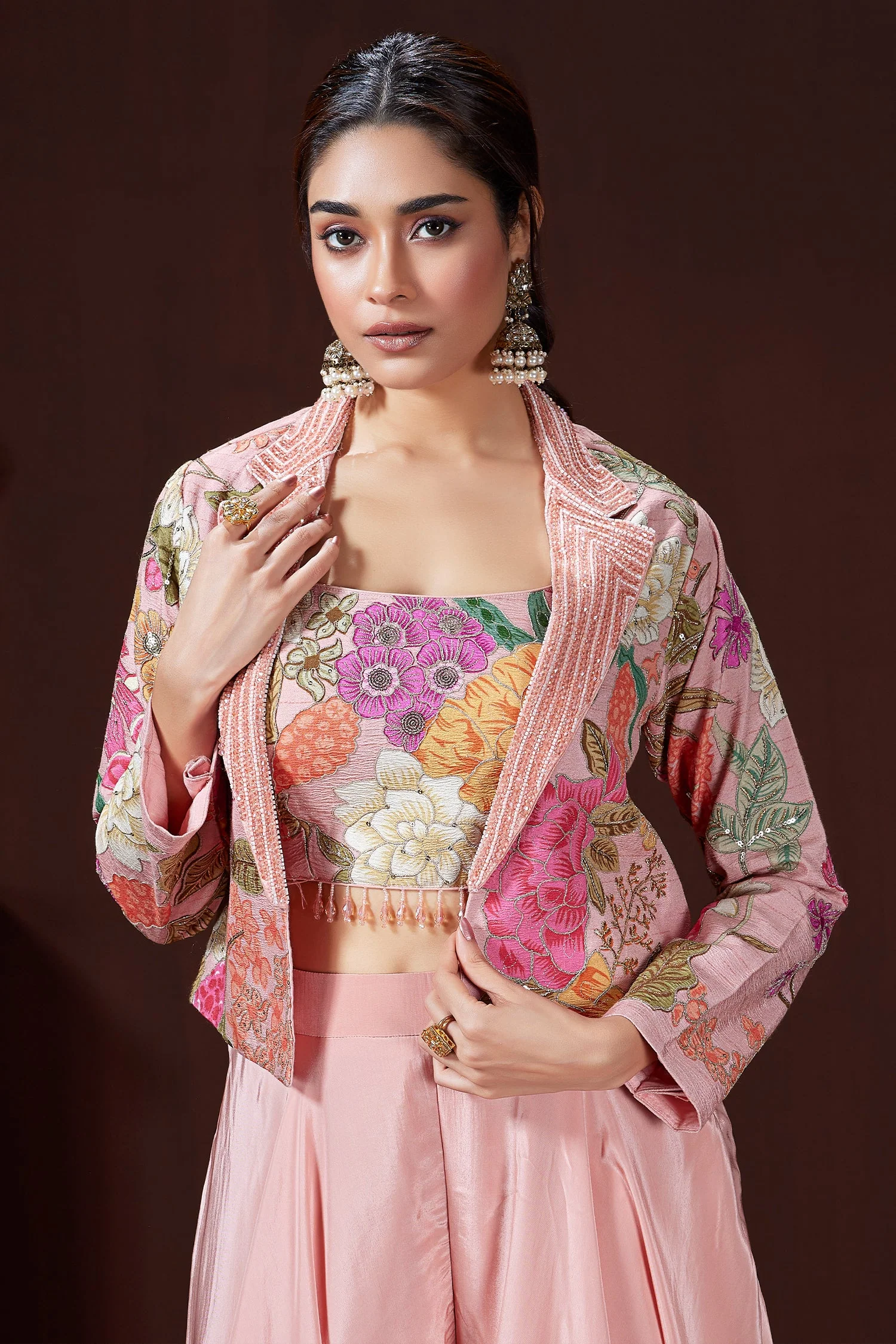 Light Pink Crush Silk Floral Printed Crop Top Palazzo Set with Short Jacket and Bead Work - Image 3