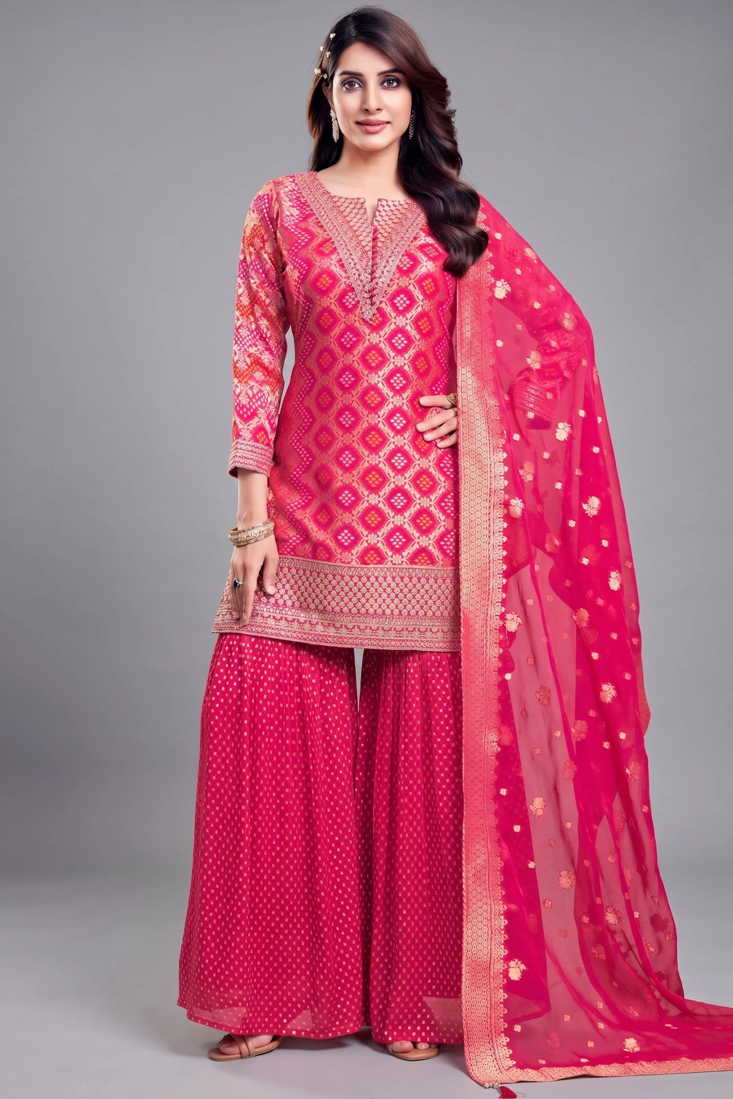 Light Pink Georgette Bandhej Woven Sharara Suit with Sequin Work