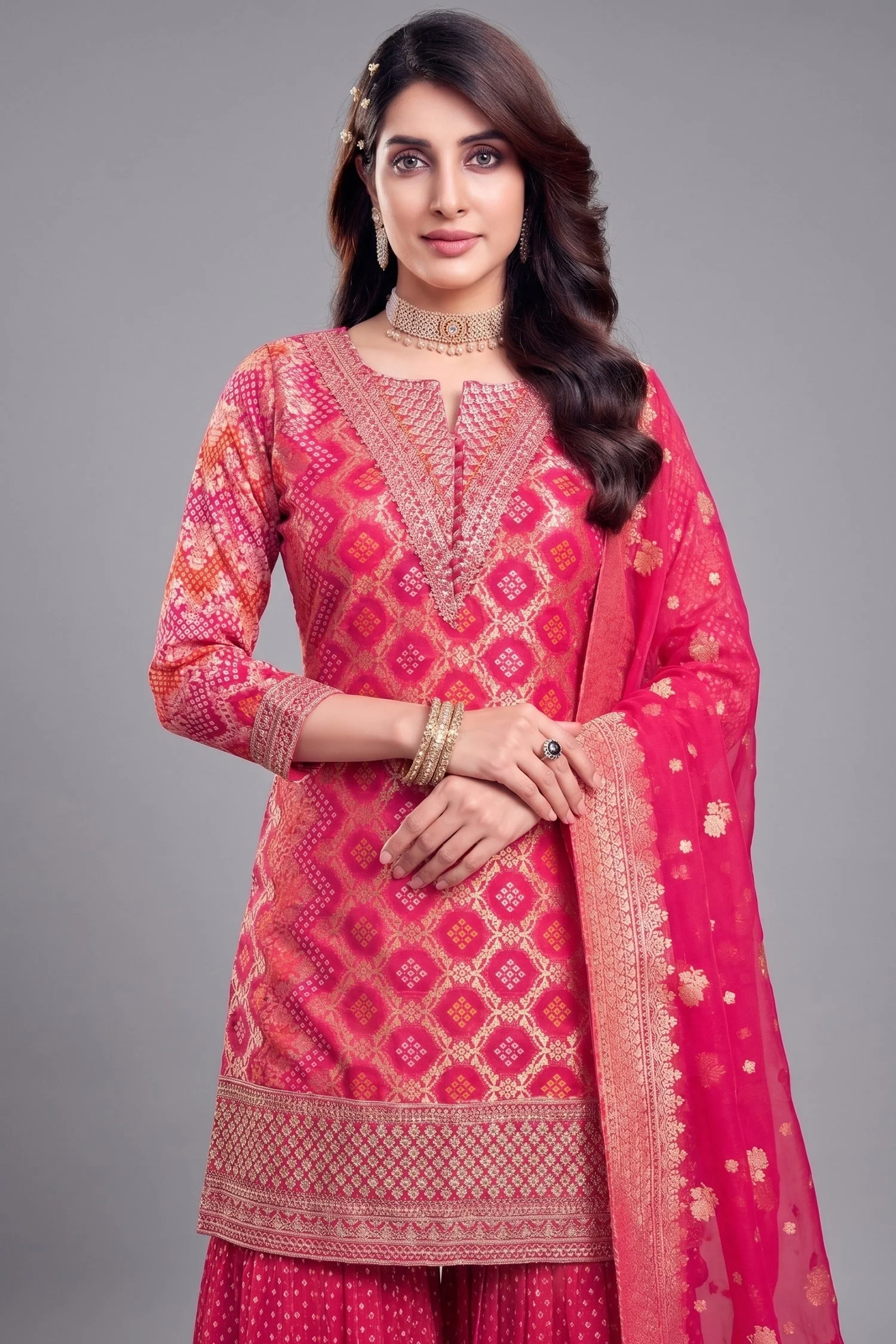 Light Pink Georgette Bandhej Woven Sharara Suit with Sequin Work - Image 2