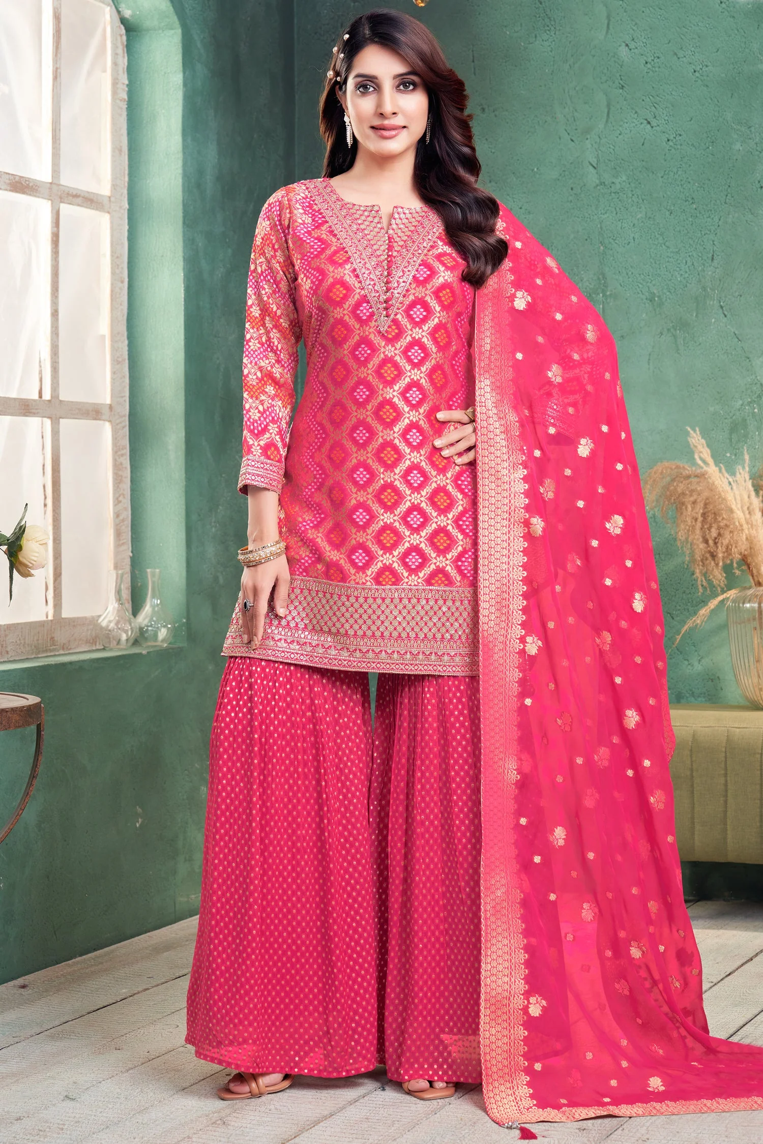 Light Pink Georgette Bandhej Woven Sharara Suit with Sequin Work - Image 3