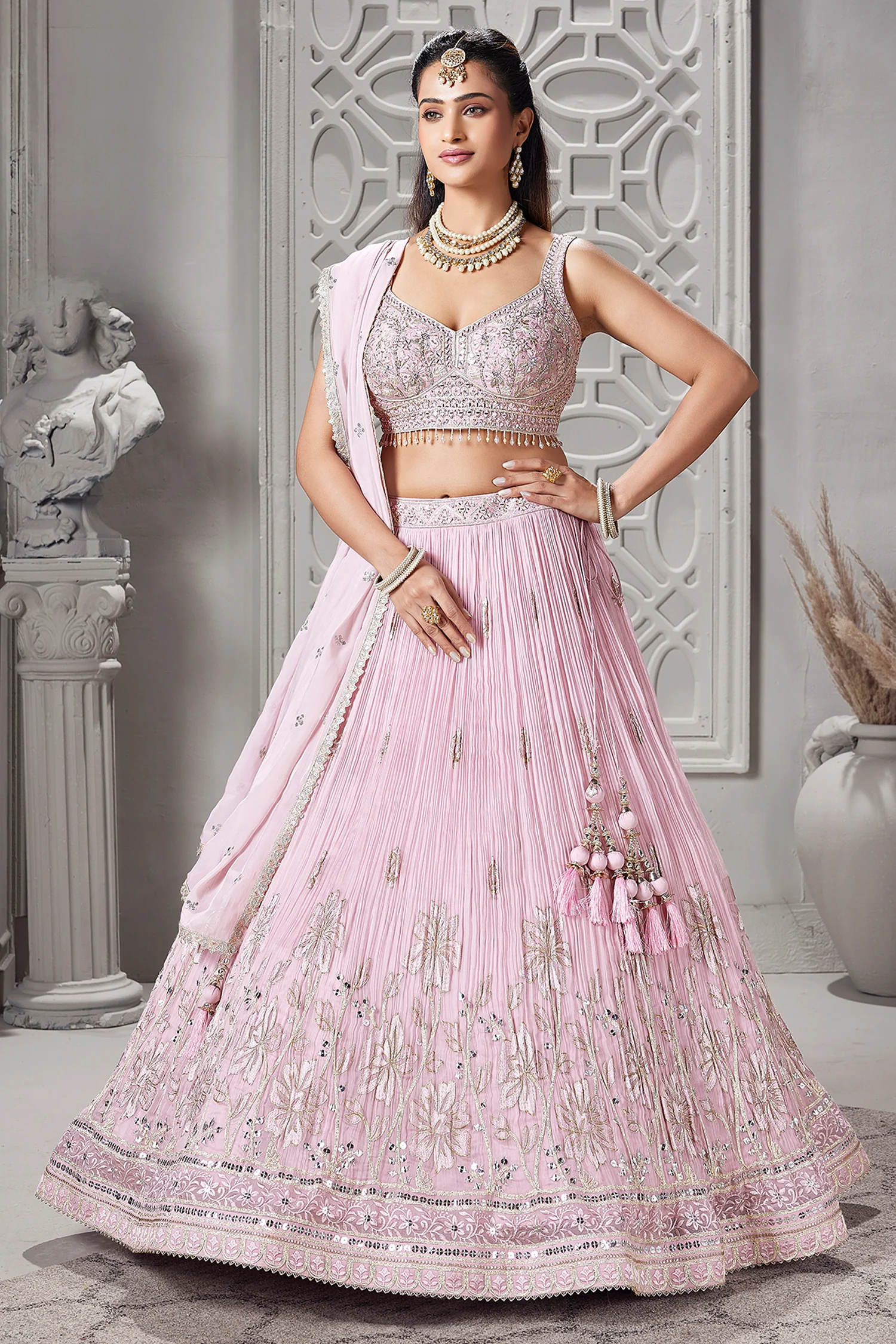 Light Pink Georgette Floral Embroidered and Sequin Worked Lehenga - Image 3