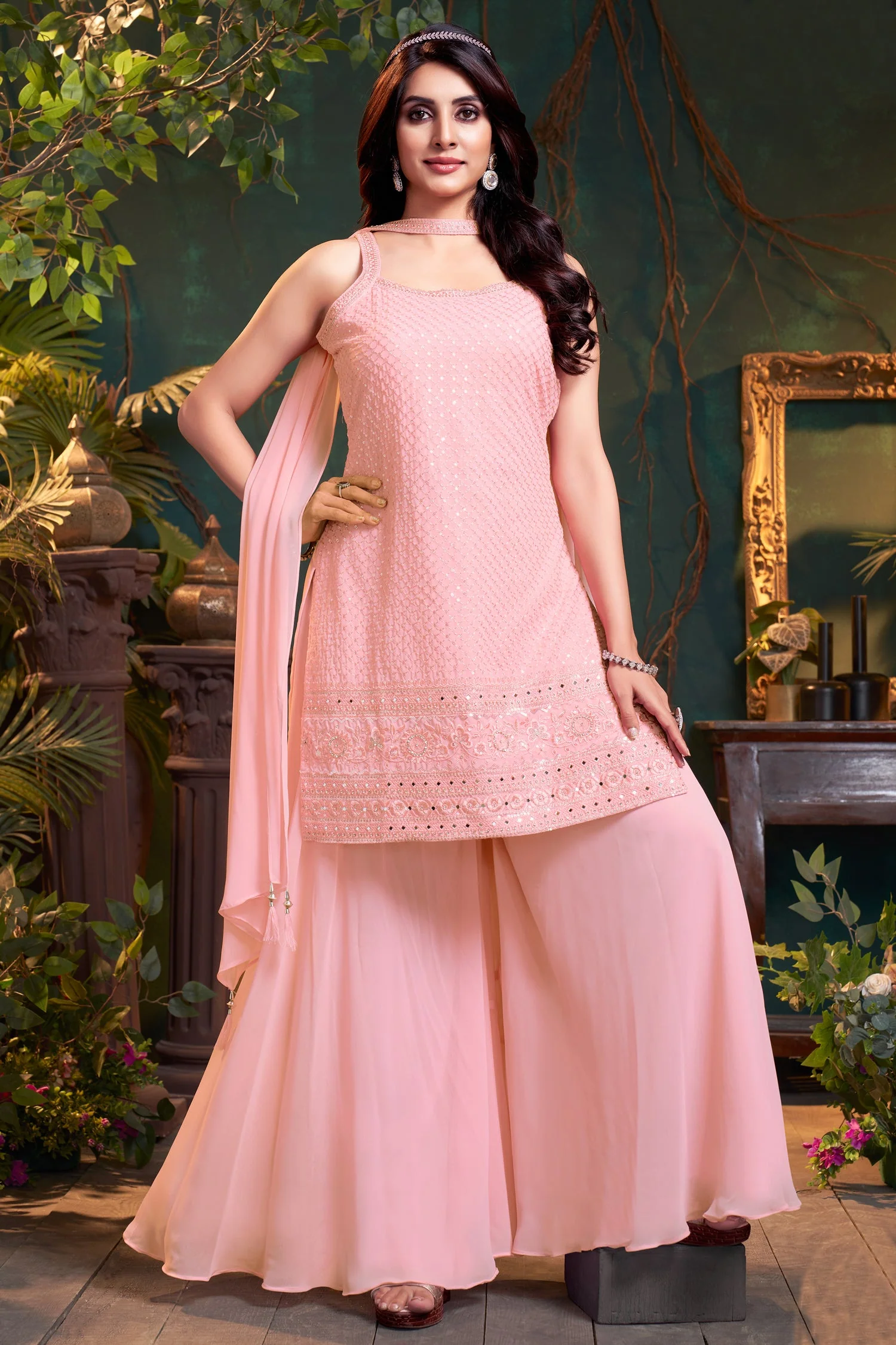 Light Pink Georgette Lucknowi Worked Palazzo Suit - Image 3