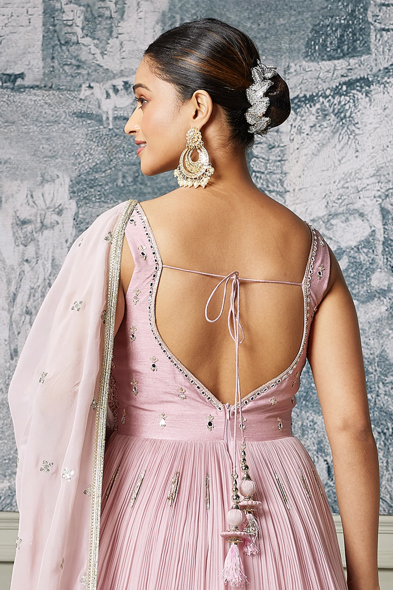 Light Pink Georgette Mirror Worked Anarkali Suit with Floral Embroidery Border - Image 3