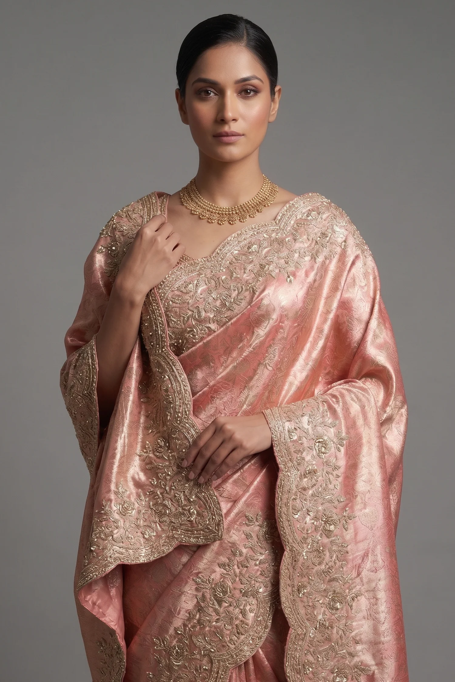 Light Pink Kanchipuram Tissue Traditional Woven Saree with Zardosi Work - Image 2