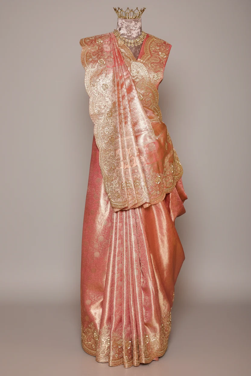 Light Pink Kanchipuram Tissue Traditional Woven Saree with Zardosi Work - Image 3