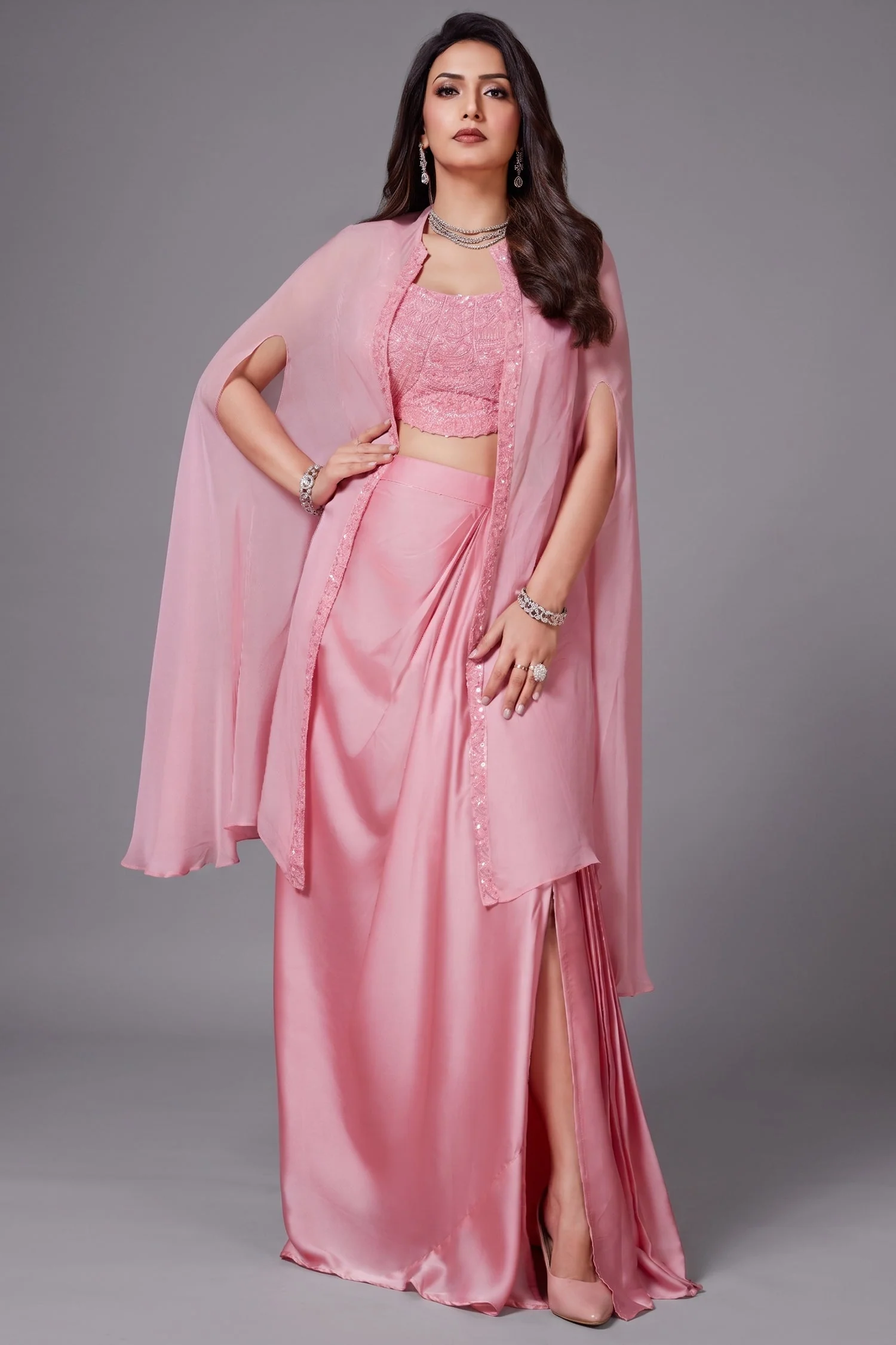 Light Pink Organza Sequin and Cutdana Worked Crop Top and Skirt with Cape Jacket