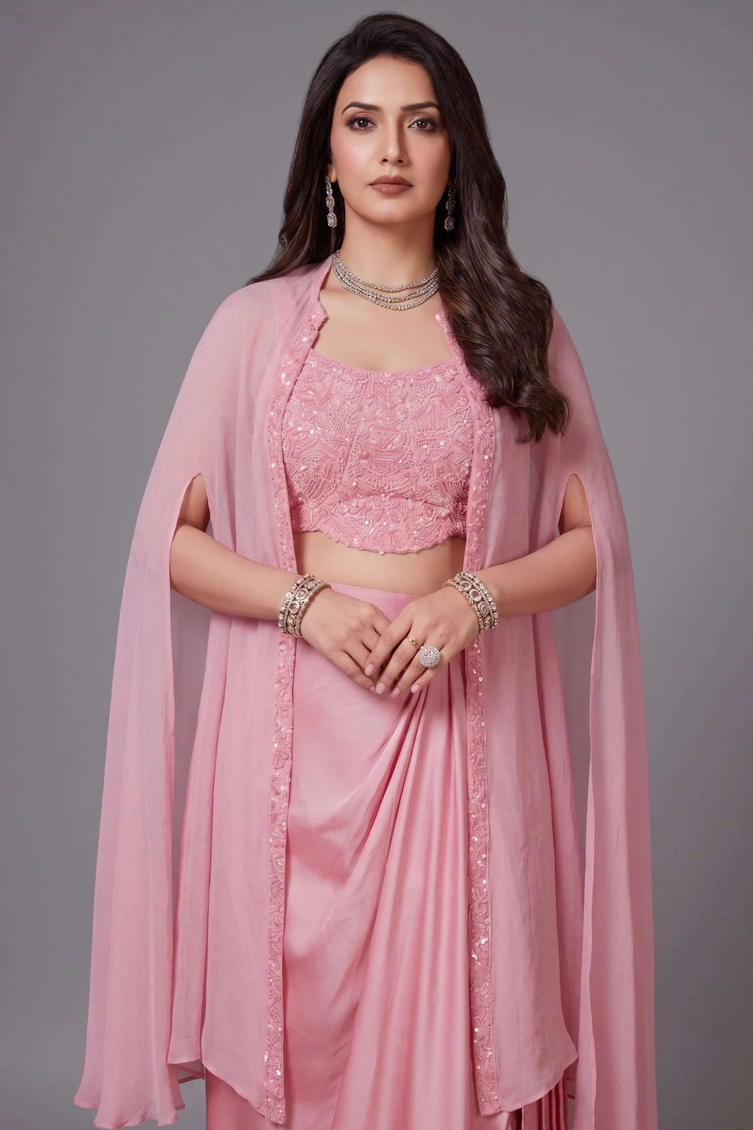 Light Pink Organza Sequin and Cutdana Worked Crop Top and Skirt with Cape Jacket - Image 2