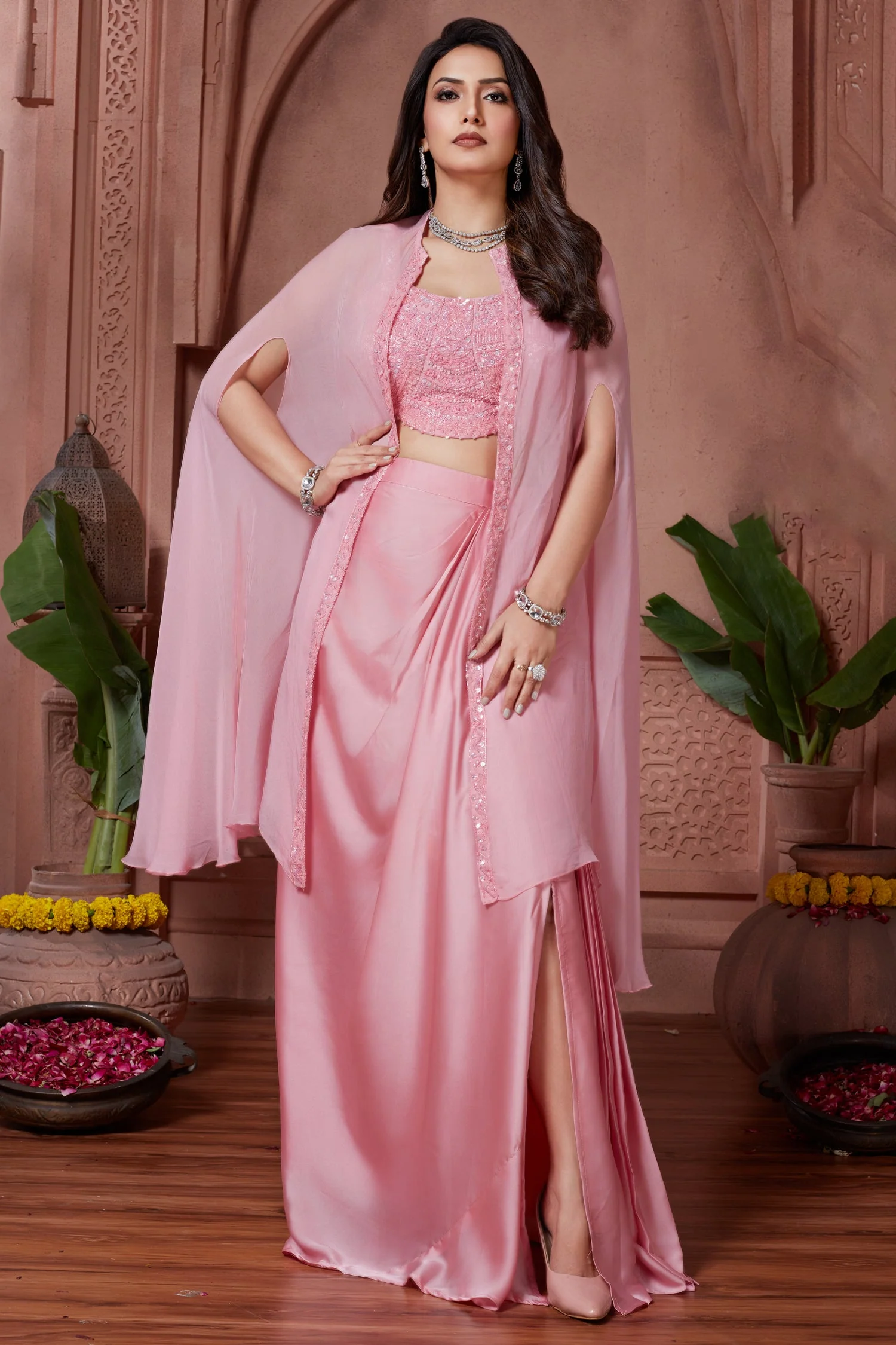 Light Pink Organza Sequin and Cutdana Worked Crop Top and Skirt with Cape Jacket - Image 3