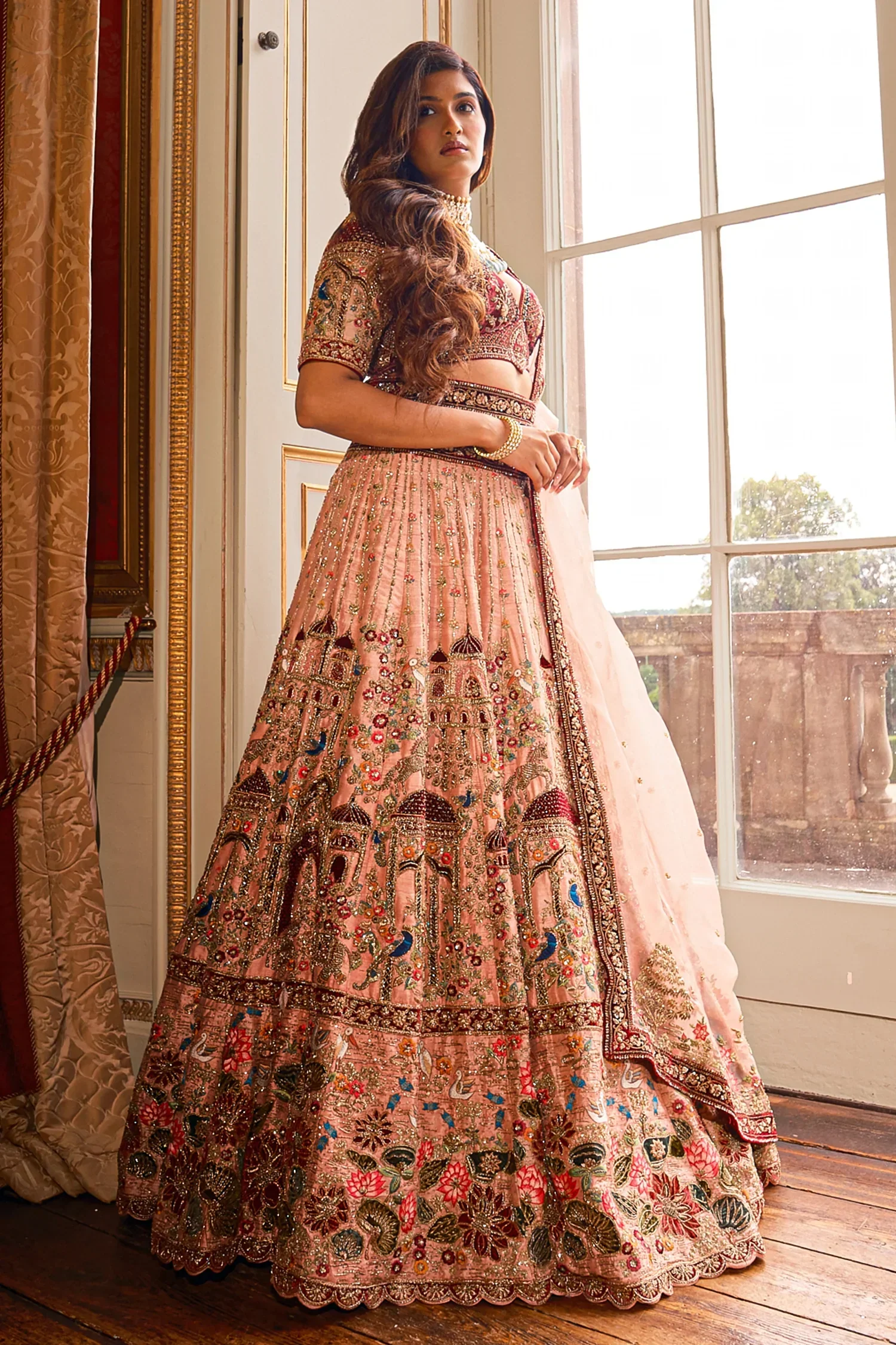 Light Pink Raw Silk Bridal Heavy Work Lehenga Choli with Floral and Bird Motifs - Image 2