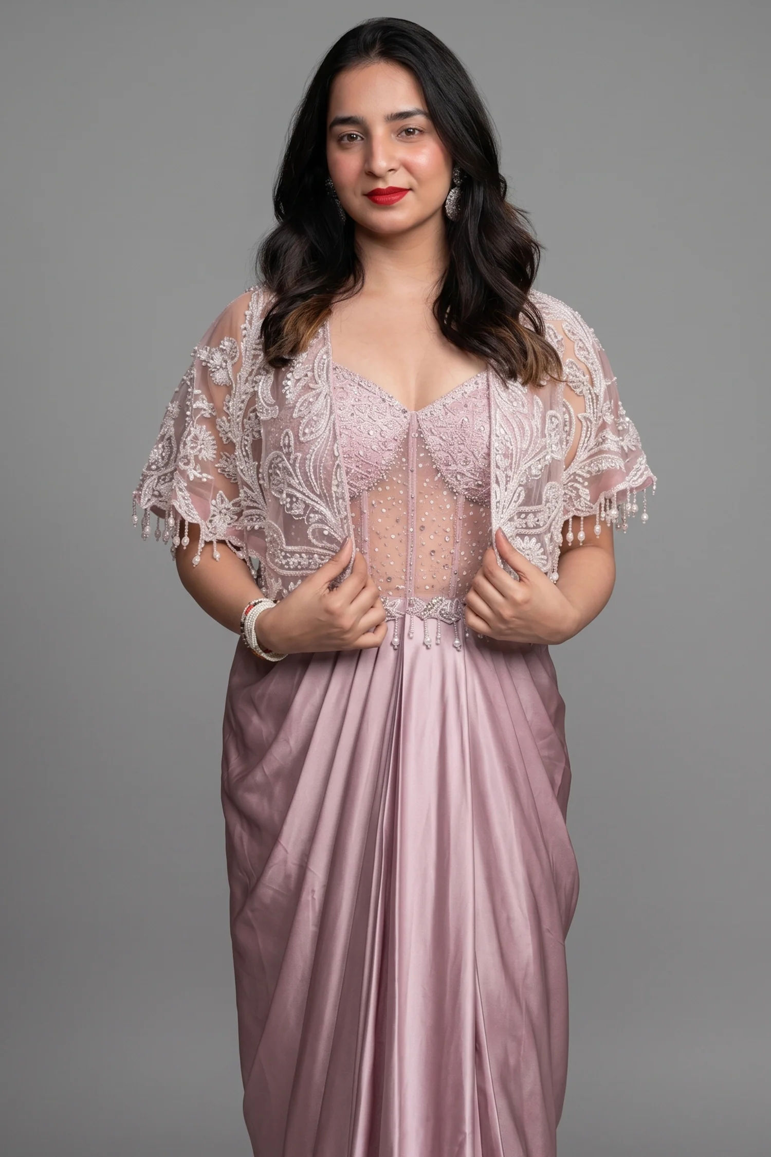 Light Pink Satin Net Beaded Draped Fancy Corset Dress with Cape Jacket - Image 2
