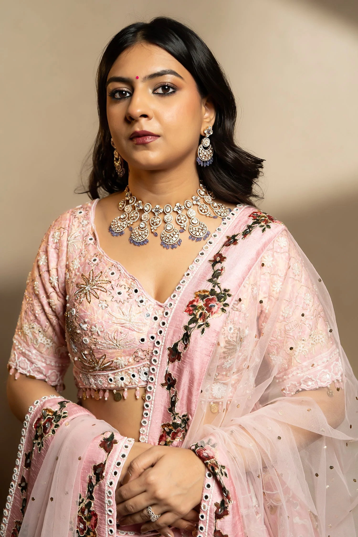 Light Pink Silk Designer Beaded Worked Lehenga - Image 2