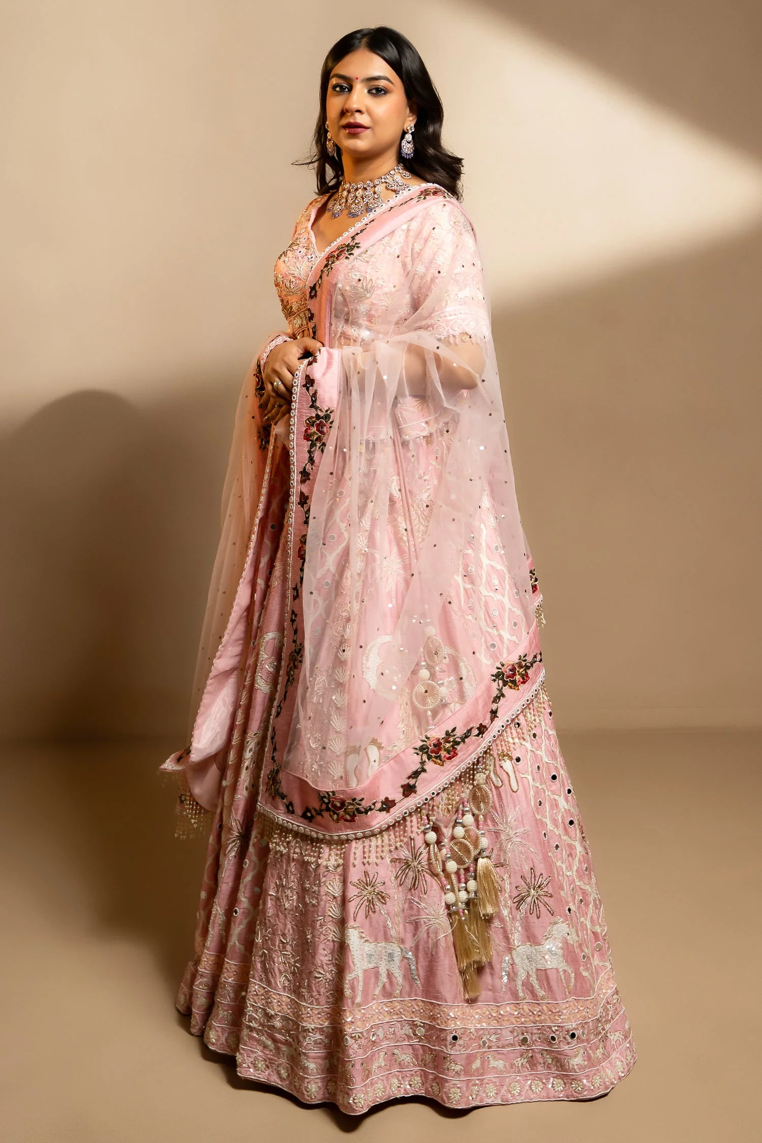 Light Pink Silk Designer Beaded Worked Lehenga - Image 3