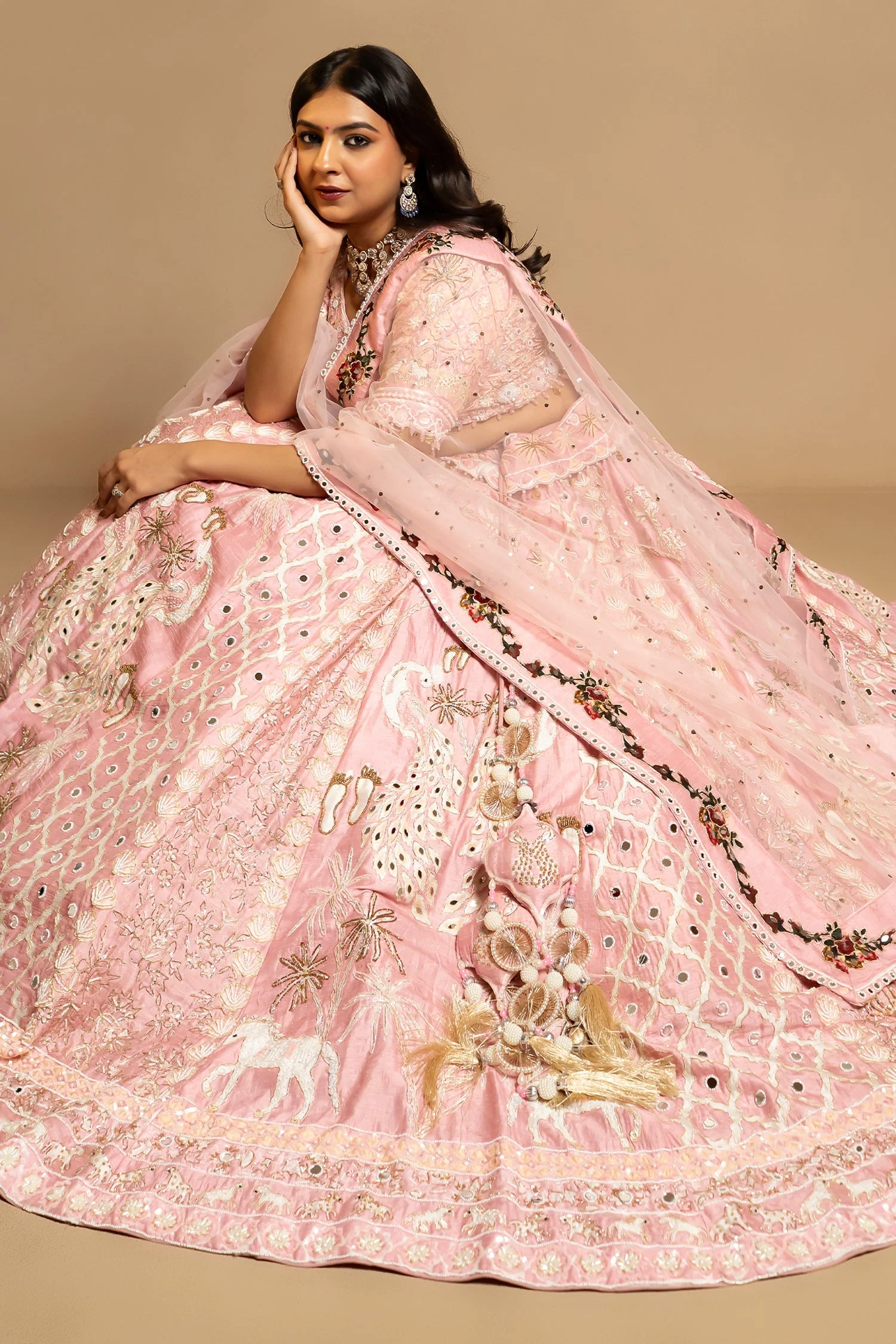 Light Pink Silk Designer Beaded Worked Lehenga - Image 4